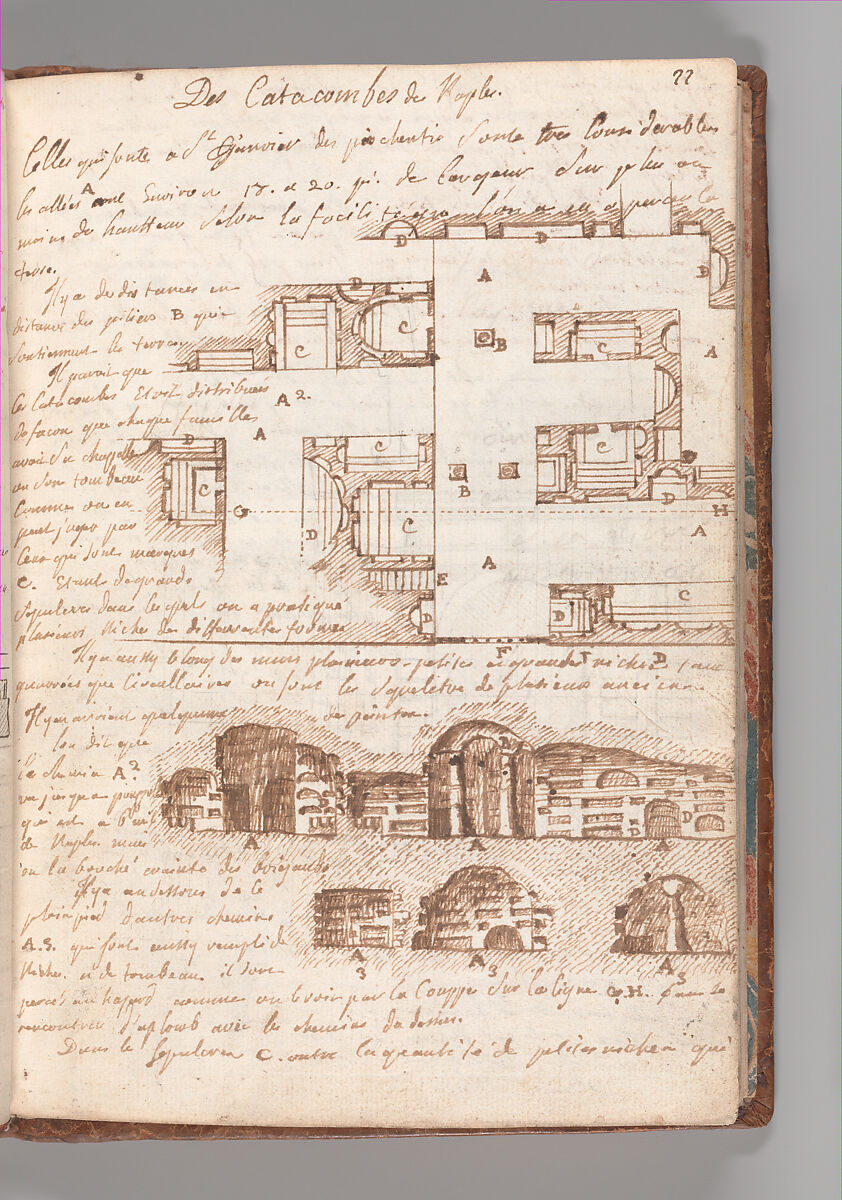 Notebook with Views of the Excavations at Herculaneum and of Other Italian Cities, Jérôme Charles Bellicard (French, Paris 1726–1786 Paris), Notebook of 55 pages on 29 leaves. Last leaf is hinged onto blank leaf. Two leaves are numbered 36 bis and 37 bis (in addition to pages 36, 37). Four leaves are missing between pages 1 and 2; one leaf is missing between pages 7 and 8; two leaves are missing between pages 23 and 24; two leaves are missing between pages 39 and 40; two leaves are missing between pages 51 and 52. Late-eighteenth-century or early-nineteenth-century sprinkled leather binding with marbleized endpapers.