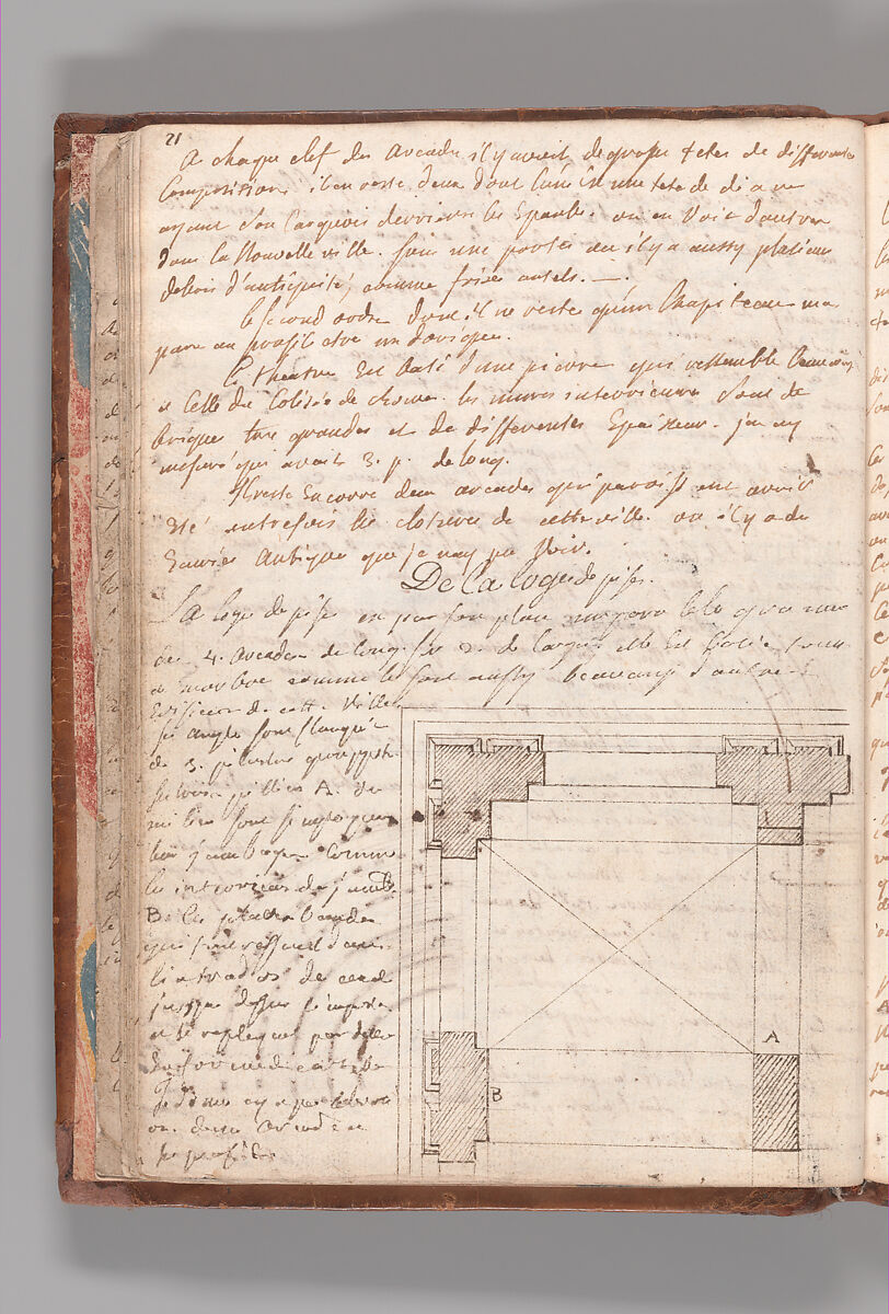 Notebook with Views of the Excavations at Herculaneum and of Other Italian Cities, Jérôme Charles Bellicard (French, Paris 1726–1786 Paris), Notebook of 55 pages on 29 leaves. Last leaf is hinged onto blank leaf. Two leaves are numbered 36 bis and 37 bis (in addition to pages 36, 37). Four leaves are missing between pages 1 and 2; one leaf is missing between pages 7 and 8; two leaves are missing between pages 23 and 24; two leaves are missing between pages 39 and 40; two leaves are missing between pages 51 and 52. Late-eighteenth-century or early-nineteenth-century sprinkled leather binding with marbleized endpapers.