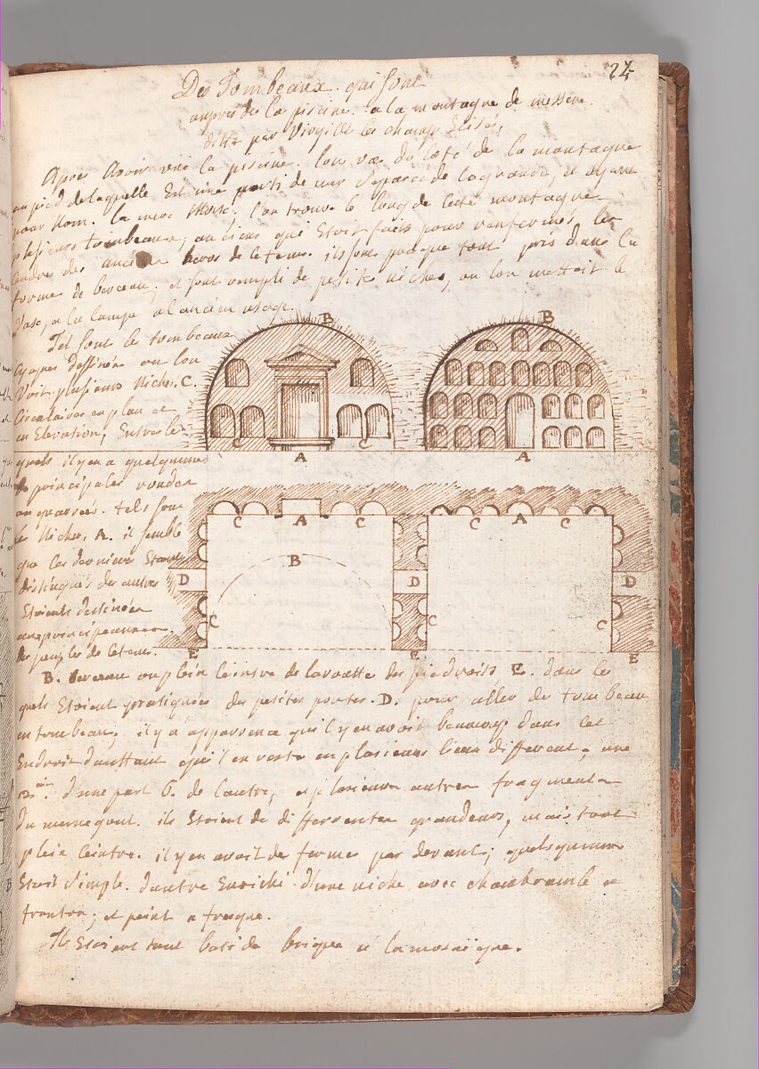 Notebook with Views of the Excavations at Herculaneum and of Other Italian Cities, Jérôme Charles Bellicard (French, Paris 1726–1786 Paris), Notebook of 55 pages on 29 leaves. Last leaf is hinged onto blank leaf. Two leaves are numbered 36 bis and 37 bis (in addition to pages 36, 37). Four leaves are missing between pages 1 and 2; one leaf is missing between pages 7 and 8; two leaves are missing between pages 23 and 24; two leaves are missing between pages 39 and 40; two leaves are missing between pages 51 and 52. Late-eighteenth-century or early-nineteenth-century sprinkled leather binding with marbleized endpapers.