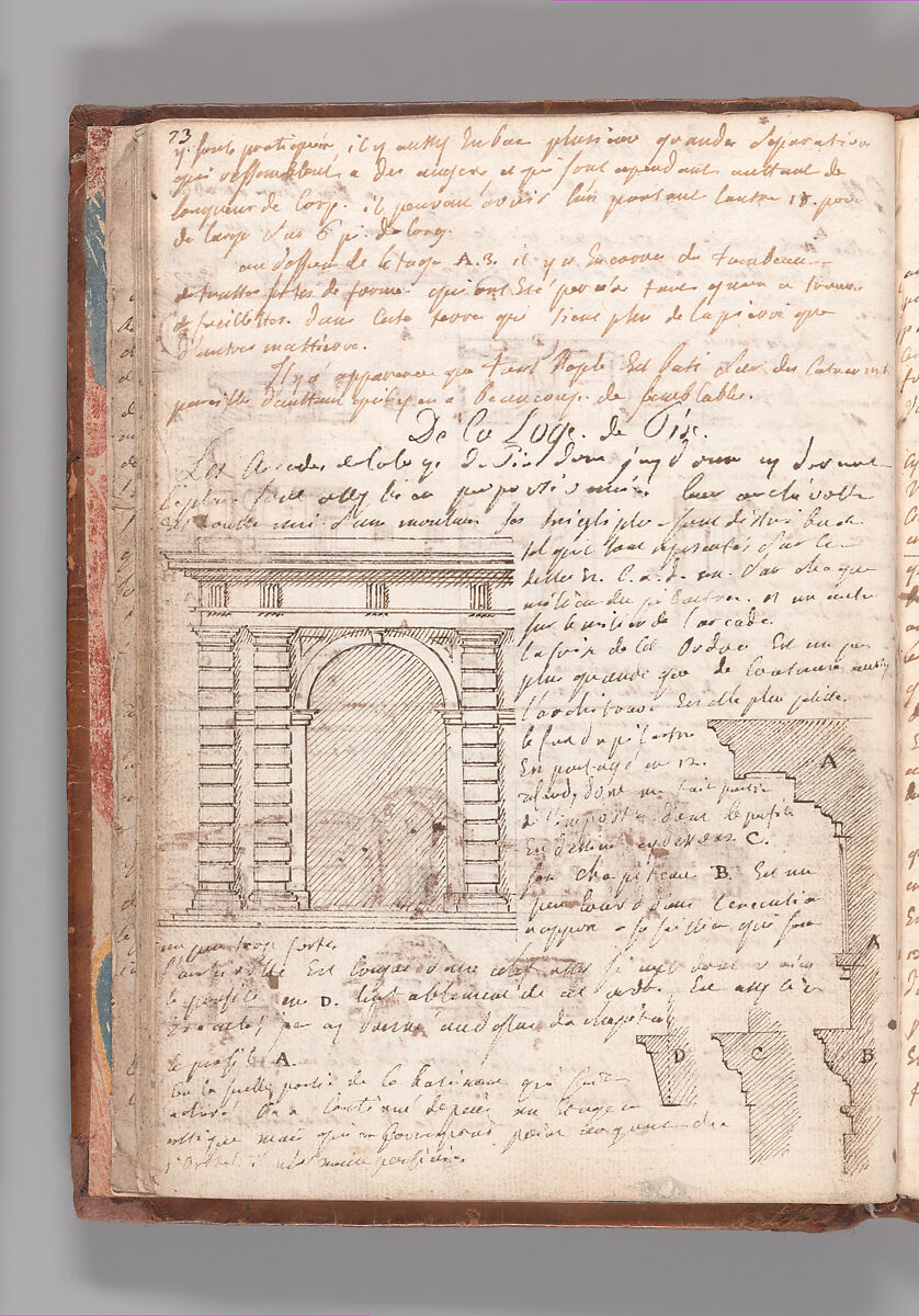 Notebook with Views of the Excavations at Herculaneum and of Other Italian Cities, Jérôme Charles Bellicard (French, Paris 1726–1786 Paris), Notebook of 55 pages on 29 leaves. Last leaf is hinged onto blank leaf. Two leaves are numbered 36 bis and 37 bis (in addition to pages 36, 37). Four leaves are missing between pages 1 and 2; one leaf is missing between pages 7 and 8; two leaves are missing between pages 23 and 24; two leaves are missing between pages 39 and 40; two leaves are missing between pages 51 and 52. Late-eighteenth-century or early-nineteenth-century sprinkled leather binding with marbleized endpapers.