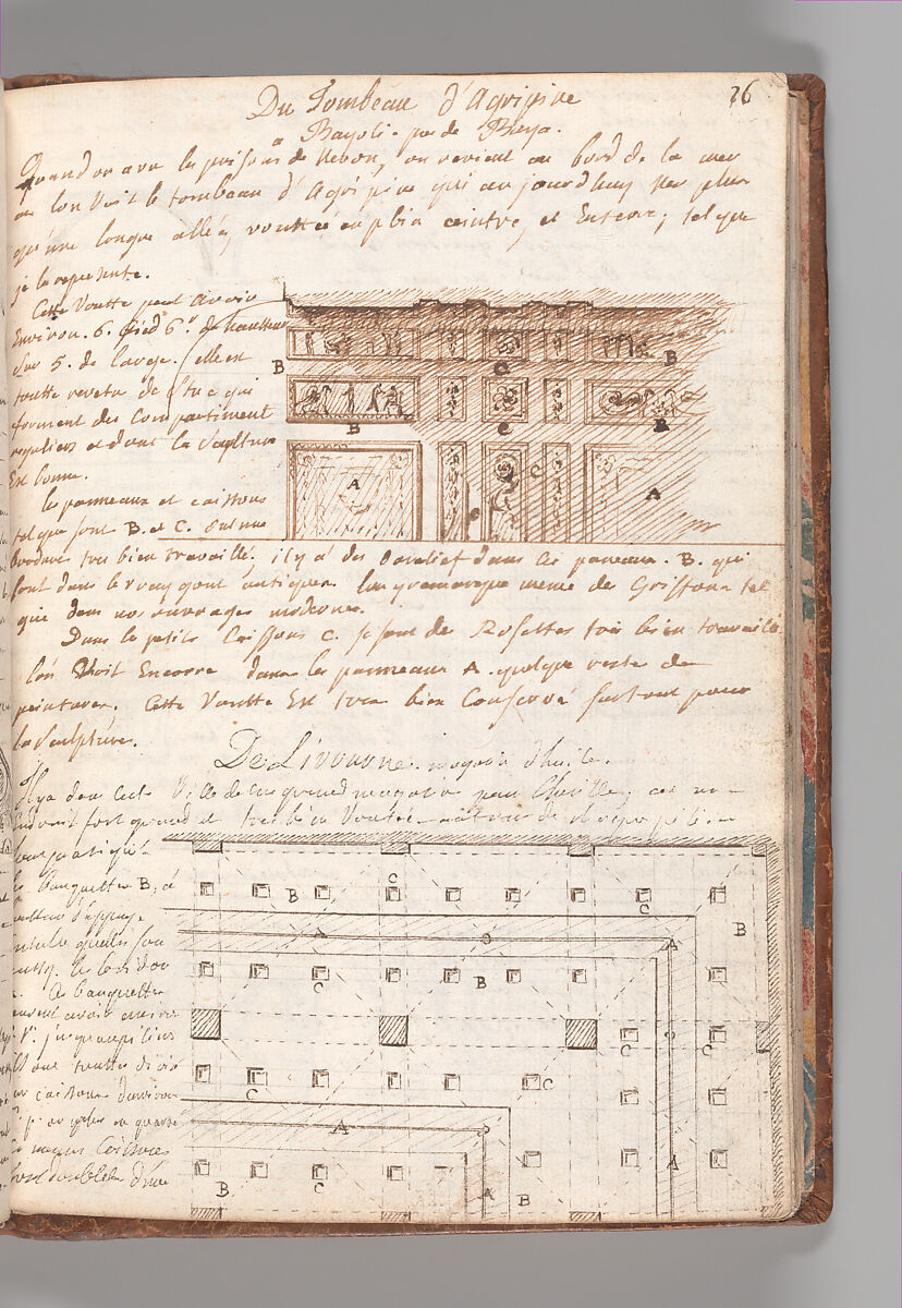 Notebook with Views of the Excavations at Herculaneum and of Other Italian Cities, Jérôme Charles Bellicard (French, Paris 1726–1786 Paris), Notebook of 55 pages on 29 leaves. Last leaf is hinged onto blank leaf. Two leaves are numbered 36 bis and 37 bis (in addition to pages 36, 37). Four leaves are missing between pages 1 and 2; one leaf is missing between pages 7 and 8; two leaves are missing between pages 23 and 24; two leaves are missing between pages 39 and 40; two leaves are missing between pages 51 and 52. Late-eighteenth-century or early-nineteenth-century sprinkled leather binding with marbleized endpapers.