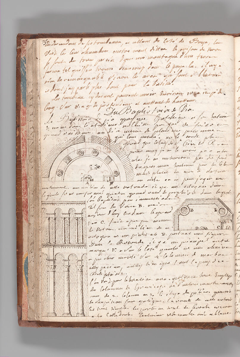 Notebook with Views of the Excavations at Herculaneum and of Other Italian Cities, Jérôme Charles Bellicard (French, Paris 1726–1786 Paris), Notebook of 55 pages on 29 leaves. Last leaf is hinged onto blank leaf. Two leaves are numbered 36 bis and 37 bis (in addition to pages 36, 37). Four leaves are missing between pages 1 and 2; one leaf is missing between pages 7 and 8; two leaves are missing between pages 23 and 24; two leaves are missing between pages 39 and 40; two leaves are missing between pages 51 and 52. Late-eighteenth-century or early-nineteenth-century sprinkled leather binding with marbleized endpapers.