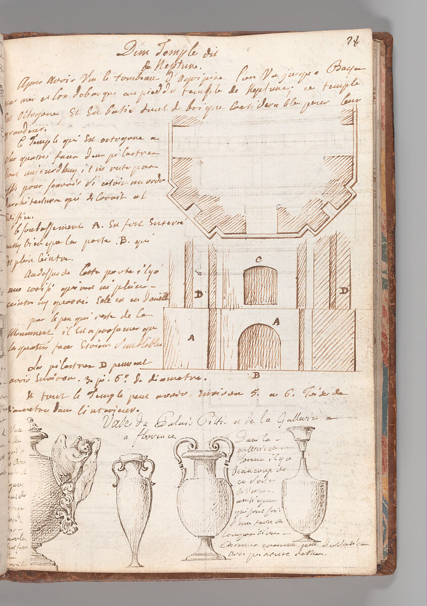 Notebook with Views of the Excavations at Herculaneum and of Other Italian Cities, Jérôme Charles Bellicard  French, Notebook of 55 pages on 29 leaves. Last leaf is hinged onto blank leaf. Two leaves are numbered 36 bis and 37 bis (in addition to pages 36, 37). Four leaves are missing between pages 1 and 2; one leaf is missing between pages 7 and 8; two leaves are missing between pages 23 and 24; two leaves are missing between pages 39 and 40; two leaves are missing between pages 51 and 52. Late-eighteenth-century or early-nineteenth-century sprinkled leather binding with marbleized endpapers.