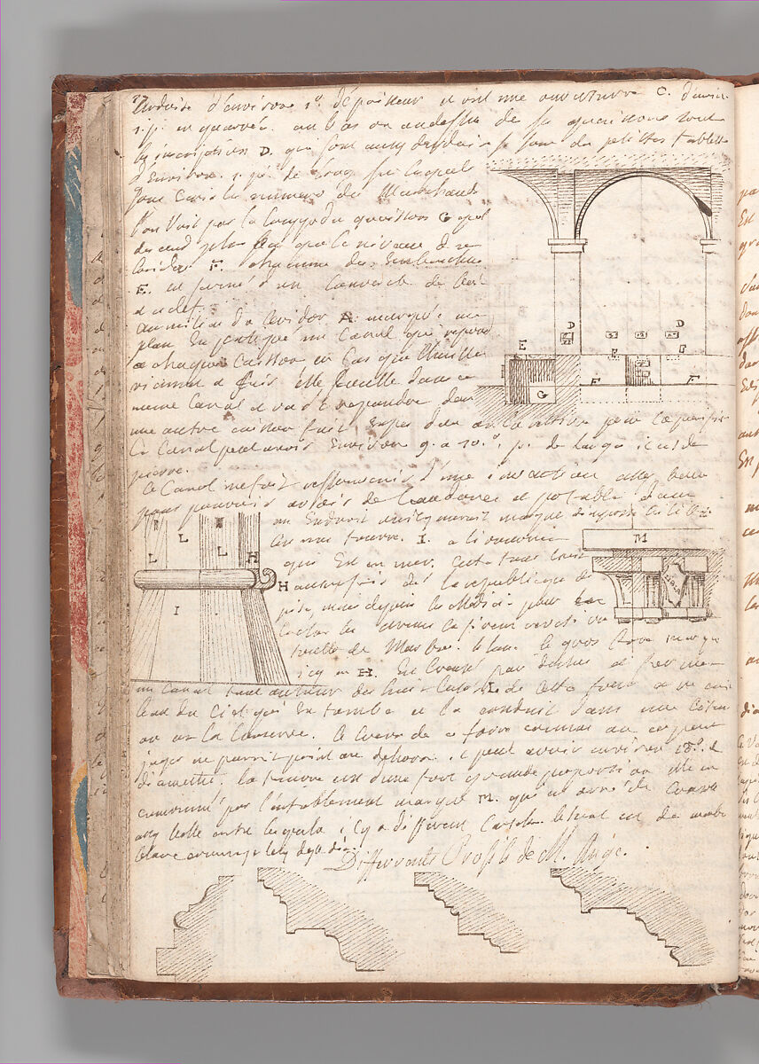 Notebook with Views of the Excavations at Herculaneum and of Other Italian Cities, Jérôme Charles Bellicard (French, Paris 1726–1786 Paris), Notebook of 55 pages on 29 leaves. Last leaf is hinged onto blank leaf. Two leaves are numbered 36 bis and 37 bis (in addition to pages 36, 37). Four leaves are missing between pages 1 and 2; one leaf is missing between pages 7 and 8; two leaves are missing between pages 23 and 24; two leaves are missing between pages 39 and 40; two leaves are missing between pages 51 and 52. Late-eighteenth-century or early-nineteenth-century sprinkled leather binding with marbleized endpapers.