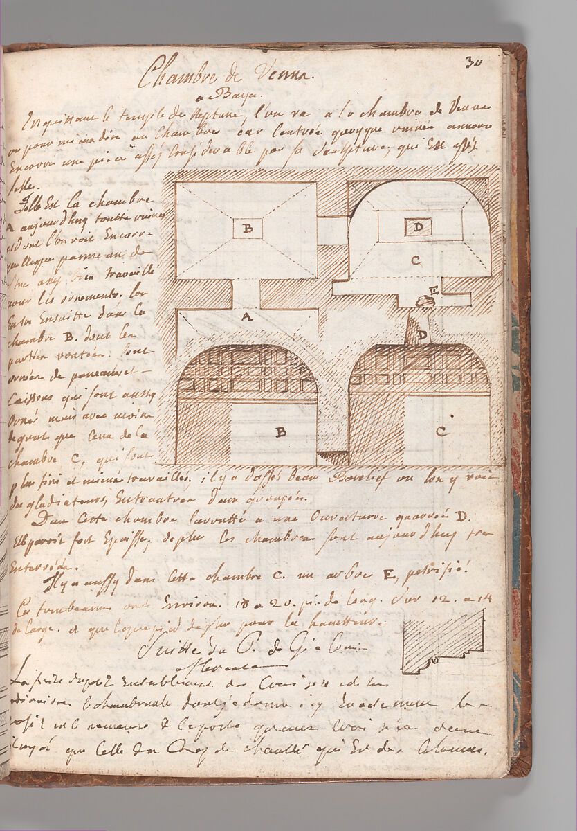 Notebook with Views of the Excavations at Herculaneum and of Other Italian Cities, Jérôme Charles Bellicard (French, Paris 1726–1786 Paris), Notebook of 55 pages on 29 leaves. Last leaf is hinged onto blank leaf. Two leaves are numbered 36 bis and 37 bis (in addition to pages 36, 37). Four leaves are missing between pages 1 and 2; one leaf is missing between pages 7 and 8; two leaves are missing between pages 23 and 24; two leaves are missing between pages 39 and 40; two leaves are missing between pages 51 and 52. Late-eighteenth-century or early-nineteenth-century sprinkled leather binding with marbleized endpapers.