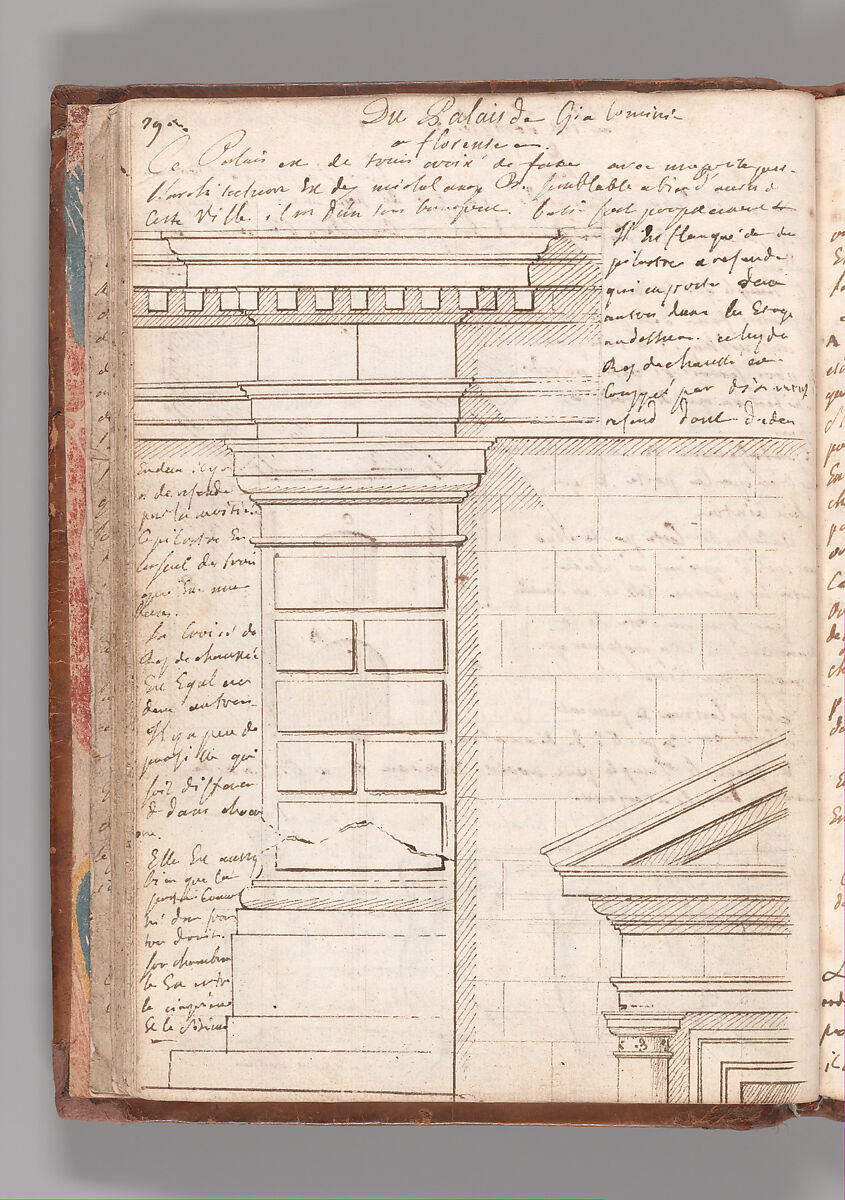 Notebook with Views of the Excavations at Herculaneum and of Other Italian Cities, Jérôme Charles Bellicard (French, Paris 1726–1786 Paris), Notebook of 55 pages on 29 leaves. Last leaf is hinged onto blank leaf. Two leaves are numbered 36 bis and 37 bis (in addition to pages 36, 37). Four leaves are missing between pages 1 and 2; one leaf is missing between pages 7 and 8; two leaves are missing between pages 23 and 24; two leaves are missing between pages 39 and 40; two leaves are missing between pages 51 and 52. Late-eighteenth-century or early-nineteenth-century sprinkled leather binding with marbleized endpapers.
