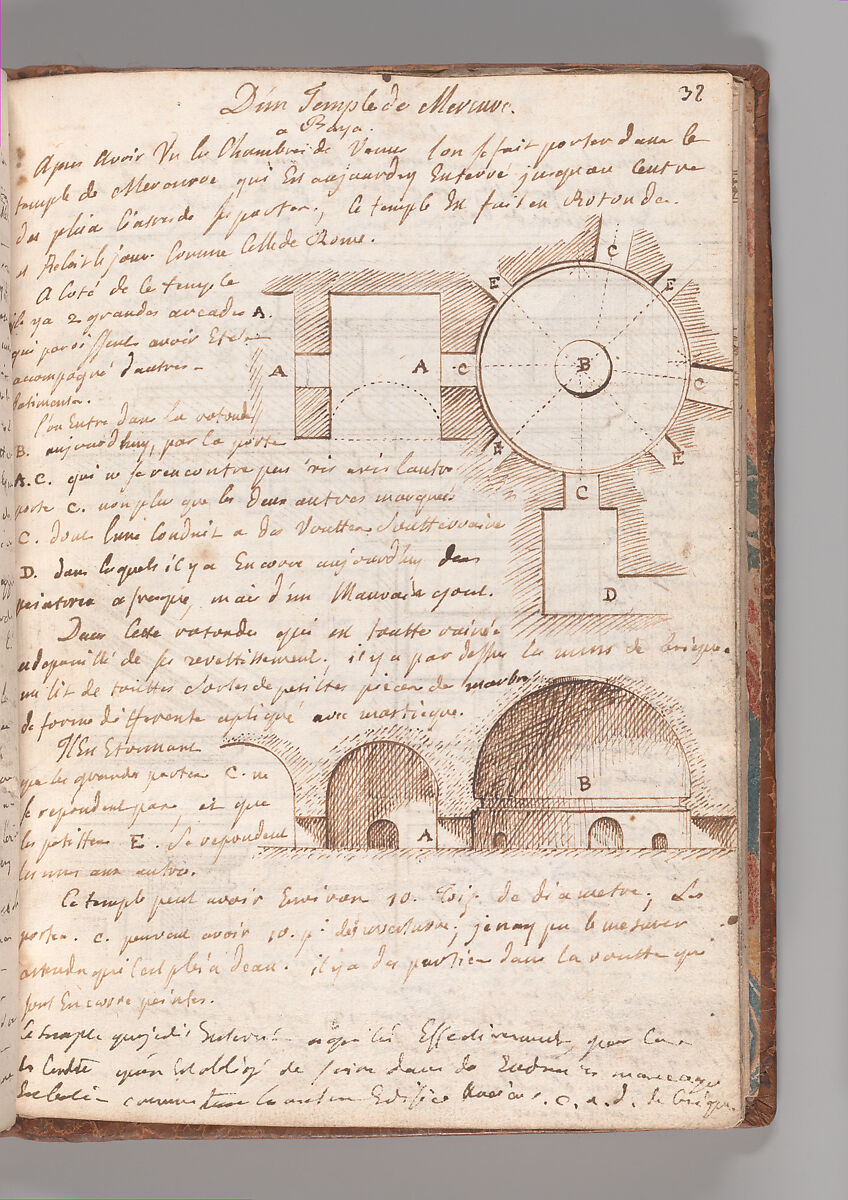 Notebook with Views of the Excavations at Herculaneum and of Other Italian Cities, Jérôme Charles Bellicard (French, Paris 1726–1786 Paris), Notebook of 55 pages on 29 leaves. Last leaf is hinged onto blank leaf. Two leaves are numbered 36 bis and 37 bis (in addition to pages 36, 37). Four leaves are missing between pages 1 and 2; one leaf is missing between pages 7 and 8; two leaves are missing between pages 23 and 24; two leaves are missing between pages 39 and 40; two leaves are missing between pages 51 and 52. Late-eighteenth-century or early-nineteenth-century sprinkled leather binding with marbleized endpapers.