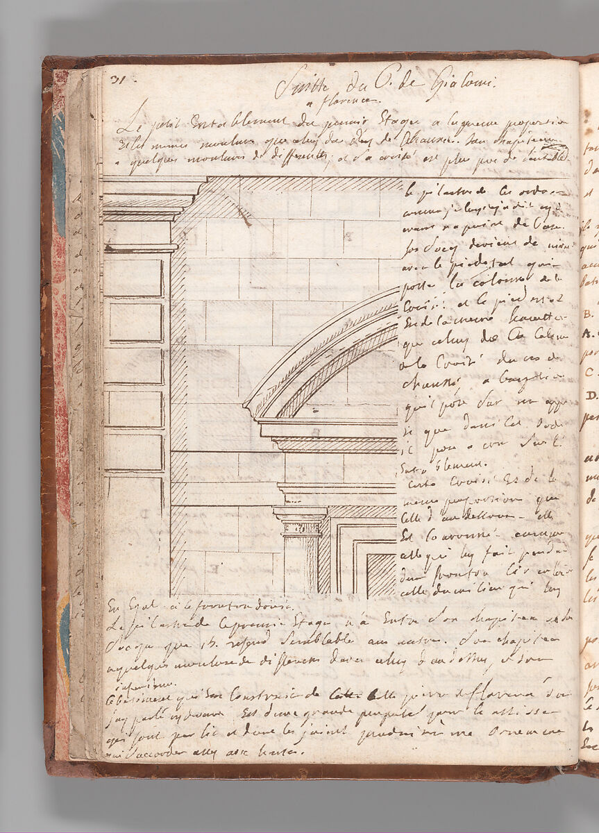 Notebook with Views of the Excavations at Herculaneum and of Other Italian Cities, Jérôme Charles Bellicard (French, Paris 1726–1786 Paris), Notebook of 55 pages on 29 leaves. Last leaf is hinged onto blank leaf. Two leaves are numbered 36 bis and 37 bis (in addition to pages 36, 37). Four leaves are missing between pages 1 and 2; one leaf is missing between pages 7 and 8; two leaves are missing between pages 23 and 24; two leaves are missing between pages 39 and 40; two leaves are missing between pages 51 and 52. Late-eighteenth-century or early-nineteenth-century sprinkled leather binding with marbleized endpapers.