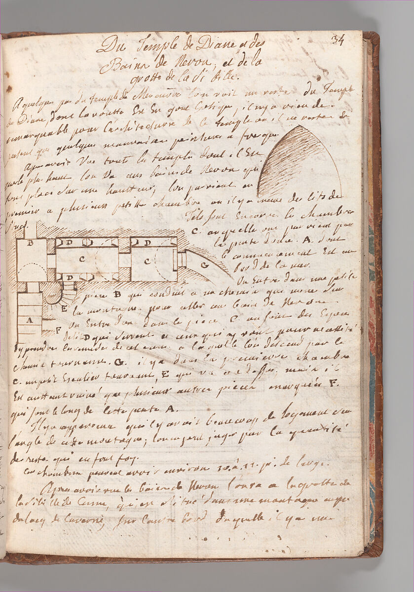 Notebook with Views of the Excavations at Herculaneum and of Other Italian Cities, Jérôme Charles Bellicard (French, Paris 1726–1786 Paris), Notebook of 55 pages on 29 leaves. Last leaf is hinged onto blank leaf. Two leaves are numbered 36 bis and 37 bis (in addition to pages 36, 37). Four leaves are missing between pages 1 and 2; one leaf is missing between pages 7 and 8; two leaves are missing between pages 23 and 24; two leaves are missing between pages 39 and 40; two leaves are missing between pages 51 and 52. Late-eighteenth-century or early-nineteenth-century sprinkled leather binding with marbleized endpapers.