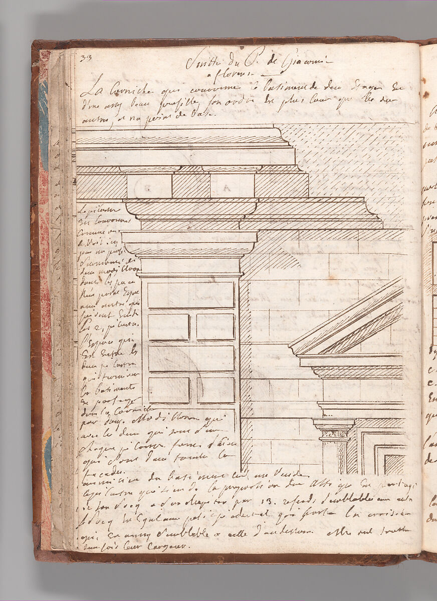 Notebook with Views of the Excavations at Herculaneum and of Other Italian Cities, Jérôme Charles Bellicard (French, Paris 1726–1786 Paris), Notebook of 55 pages on 29 leaves. Last leaf is hinged onto blank leaf. Two leaves are numbered 36 bis and 37 bis (in addition to pages 36, 37). Four leaves are missing between pages 1 and 2; one leaf is missing between pages 7 and 8; two leaves are missing between pages 23 and 24; two leaves are missing between pages 39 and 40; two leaves are missing between pages 51 and 52. Late-eighteenth-century or early-nineteenth-century sprinkled leather binding with marbleized endpapers.