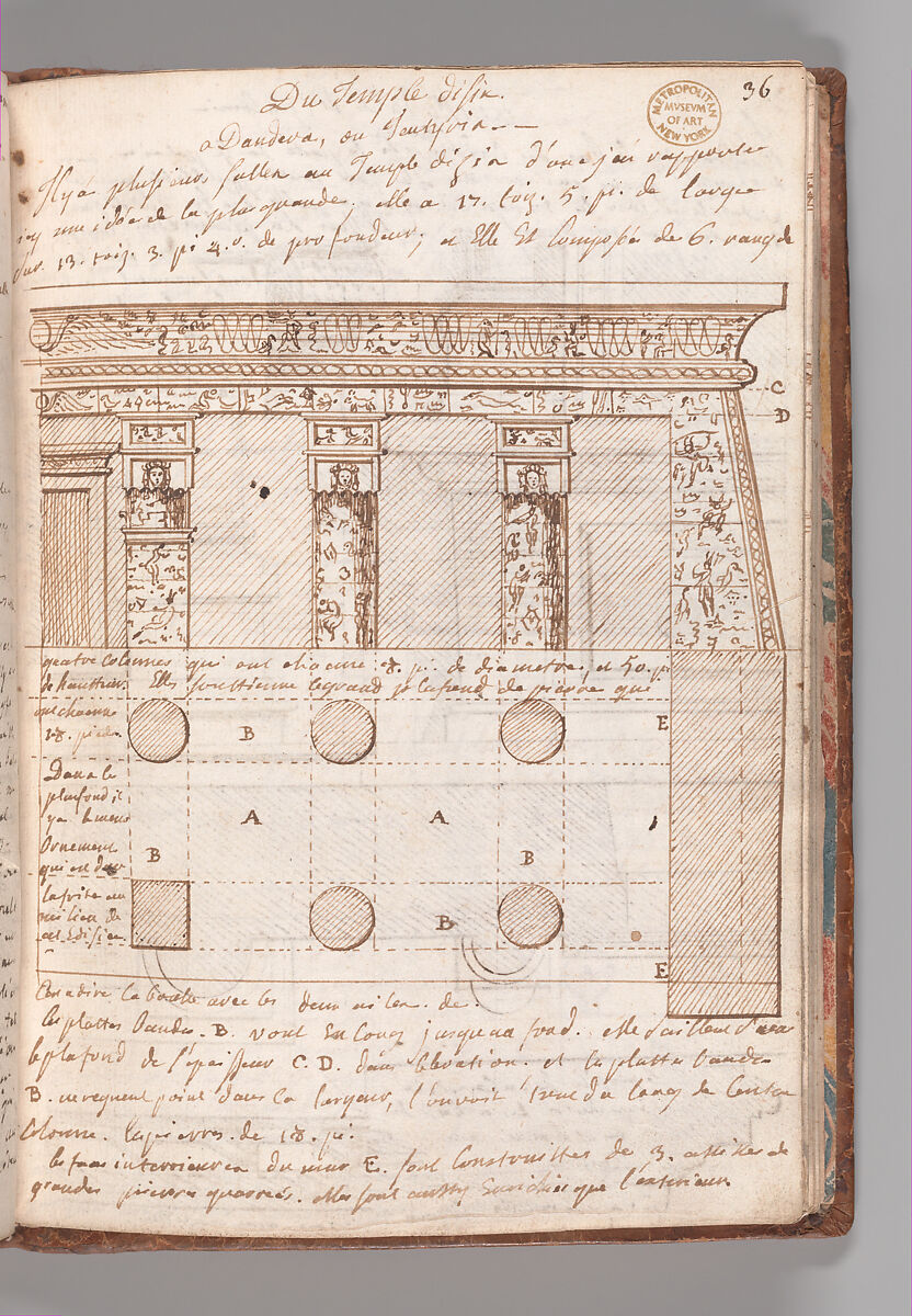 Notebook with Views of the Excavations at Herculaneum and of Other Italian Cities, Jérôme Charles Bellicard (French, Paris 1726–1786 Paris), Notebook of 55 pages on 29 leaves. Last leaf is hinged onto blank leaf. Two leaves are numbered 36 bis and 37 bis (in addition to pages 36, 37). Four leaves are missing between pages 1 and 2; one leaf is missing between pages 7 and 8; two leaves are missing between pages 23 and 24; two leaves are missing between pages 39 and 40; two leaves are missing between pages 51 and 52. Late-eighteenth-century or early-nineteenth-century sprinkled leather binding with marbleized endpapers.
