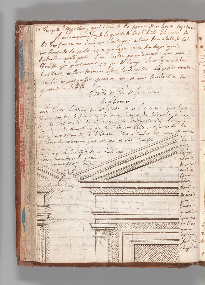 Notebook with Views of the Excavations at Herculaneum and of Other Italian Cities, Jérôme Charles Bellicard (French, Paris 1726–1786 Paris), Notebook of 55 pages on 29 leaves. Last leaf is hinged onto blank leaf. Two leaves are numbered 36 bis and 37 bis (in addition to pages 36, 37). Four leaves are missing between pages 1 and 2; one leaf is missing between pages 7 and 8; two leaves are missing between pages 23 and 24; two leaves are missing between pages 39 and 40; two leaves are missing between pages 51 and 52. Late-eighteenth-century or early-nineteenth-century sprinkled leather binding with marbleized endpapers.