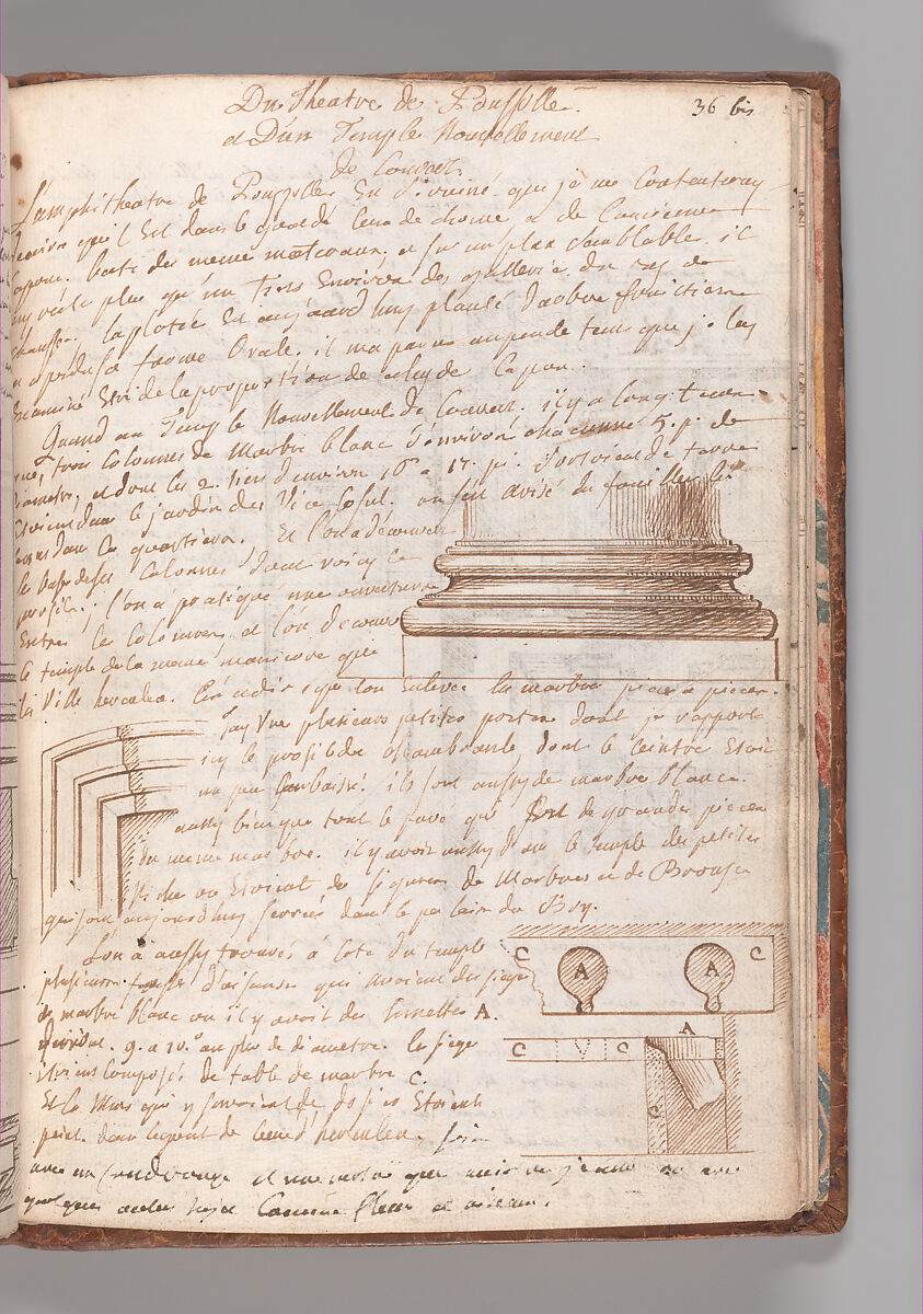 Notebook with Views of the Excavations at Herculaneum and of Other Italian Cities, Jérôme Charles Bellicard (French, Paris 1726–1786 Paris), Notebook of 55 pages on 29 leaves. Last leaf is hinged onto blank leaf. Two leaves are numbered 36 bis and 37 bis (in addition to pages 36, 37). Four leaves are missing between pages 1 and 2; one leaf is missing between pages 7 and 8; two leaves are missing between pages 23 and 24; two leaves are missing between pages 39 and 40; two leaves are missing between pages 51 and 52. Late-eighteenth-century or early-nineteenth-century sprinkled leather binding with marbleized endpapers.