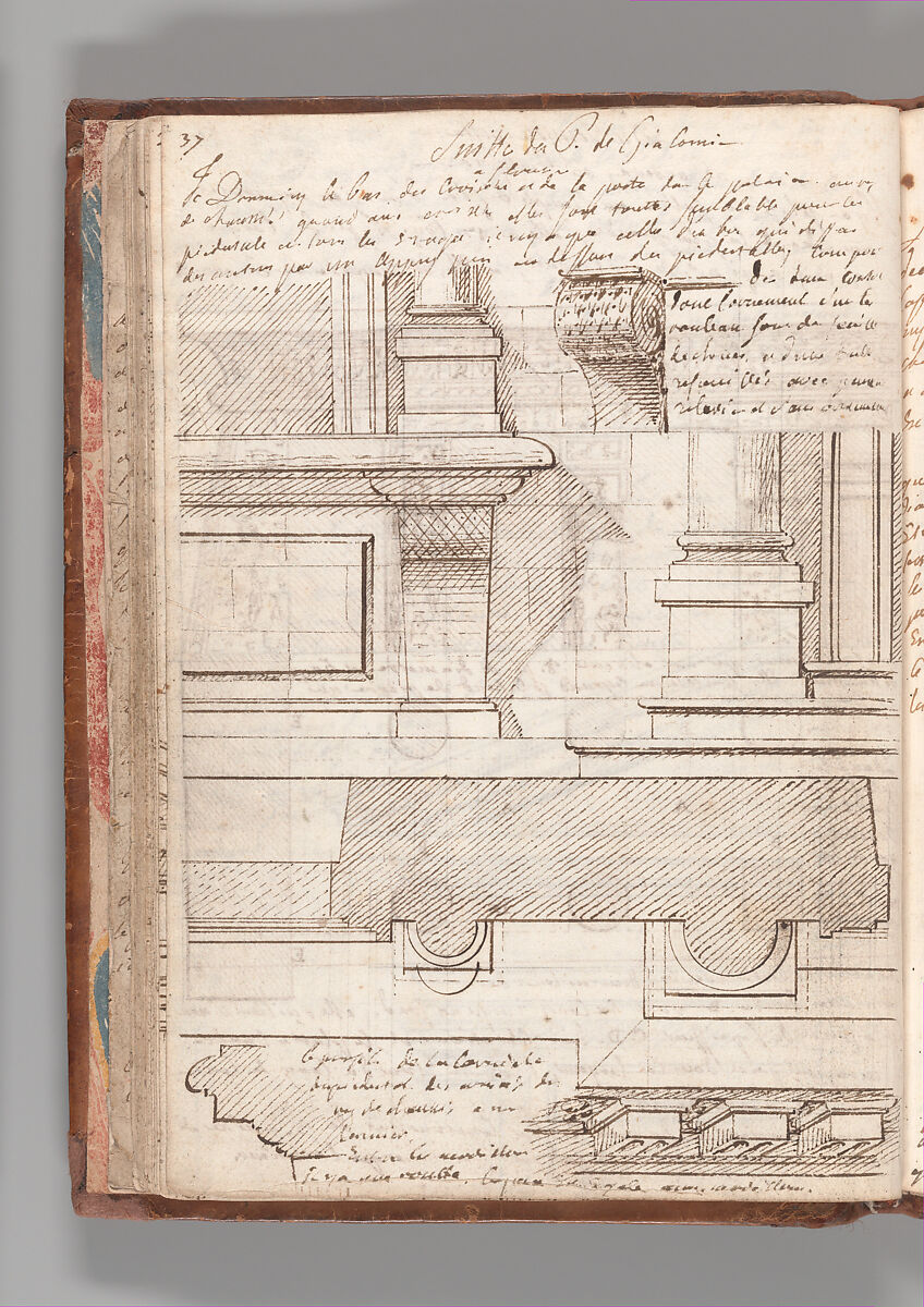 Notebook with Views of the Excavations at Herculaneum and of Other Italian Cities, Jérôme Charles Bellicard (French, Paris 1726–1786 Paris), Notebook of 55 pages on 29 leaves. Last leaf is hinged onto blank leaf. Two leaves are numbered 36 bis and 37 bis (in addition to pages 36, 37). Four leaves are missing between pages 1 and 2; one leaf is missing between pages 7 and 8; two leaves are missing between pages 23 and 24; two leaves are missing between pages 39 and 40; two leaves are missing between pages 51 and 52. Late-eighteenth-century or early-nineteenth-century sprinkled leather binding with marbleized endpapers.