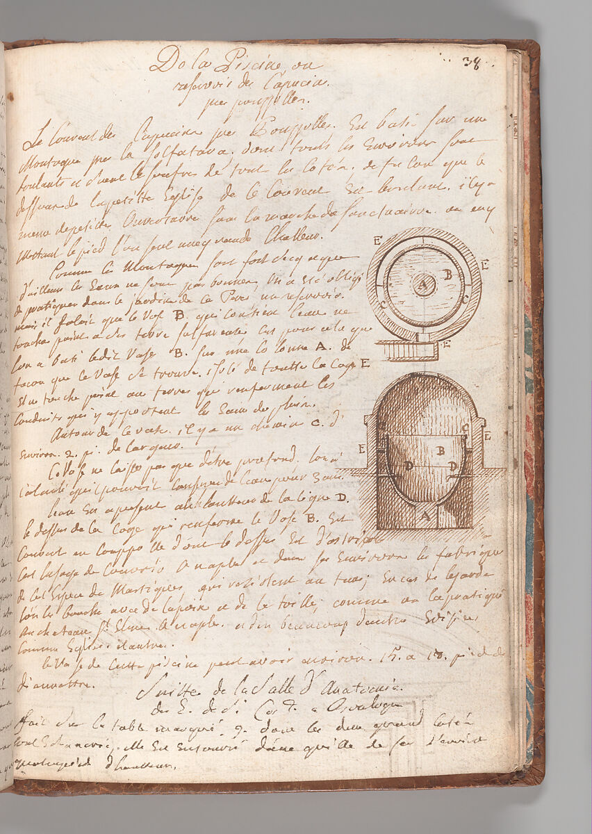 Notebook with Views of the Excavations at Herculaneum and of Other Italian Cities, Jérôme Charles Bellicard (French, Paris 1726–1786 Paris), Notebook of 55 pages on 29 leaves. Last leaf is hinged onto blank leaf. Two leaves are numbered 36 bis and 37 bis (in addition to pages 36, 37). Four leaves are missing between pages 1 and 2; one leaf is missing between pages 7 and 8; two leaves are missing between pages 23 and 24; two leaves are missing between pages 39 and 40; two leaves are missing between pages 51 and 52. Late-eighteenth-century or early-nineteenth-century sprinkled leather binding with marbleized endpapers.