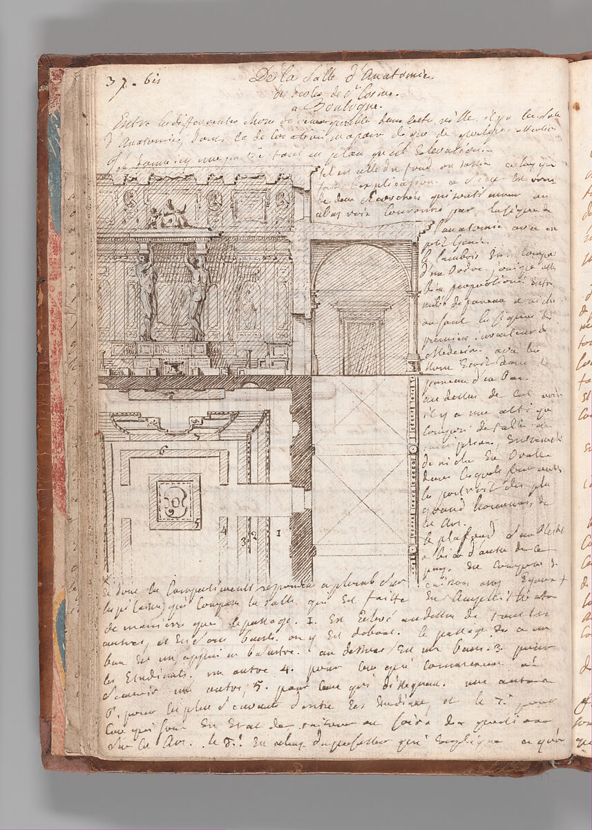 Notebook with Views of the Excavations at Herculaneum and of Other Italian Cities, Jérôme Charles Bellicard (French, Paris 1726–1786 Paris), Notebook of 55 pages on 29 leaves. Last leaf is hinged onto blank leaf. Two leaves are numbered 36 bis and 37 bis (in addition to pages 36, 37). Four leaves are missing between pages 1 and 2; one leaf is missing between pages 7 and 8; two leaves are missing between pages 23 and 24; two leaves are missing between pages 39 and 40; two leaves are missing between pages 51 and 52. Late-eighteenth-century or early-nineteenth-century sprinkled leather binding with marbleized endpapers.