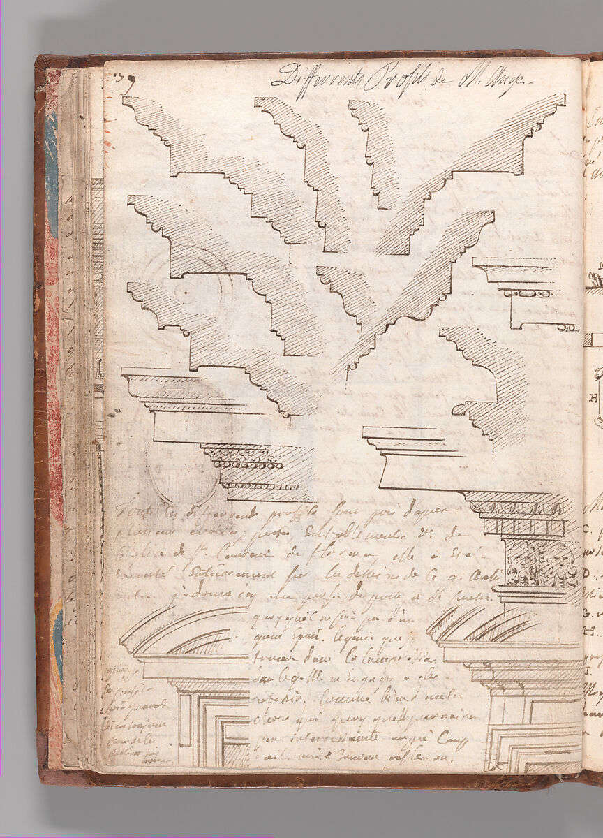Notebook with Views of the Excavations at Herculaneum and of Other Italian Cities, Jérôme Charles Bellicard (French, Paris 1726–1786 Paris), Notebook of 55 pages on 29 leaves. Last leaf is hinged onto blank leaf. Two leaves are numbered 36 bis and 37 bis (in addition to pages 36, 37). Four leaves are missing between pages 1 and 2; one leaf is missing between pages 7 and 8; two leaves are missing between pages 23 and 24; two leaves are missing between pages 39 and 40; two leaves are missing between pages 51 and 52. Late-eighteenth-century or early-nineteenth-century sprinkled leather binding with marbleized endpapers.