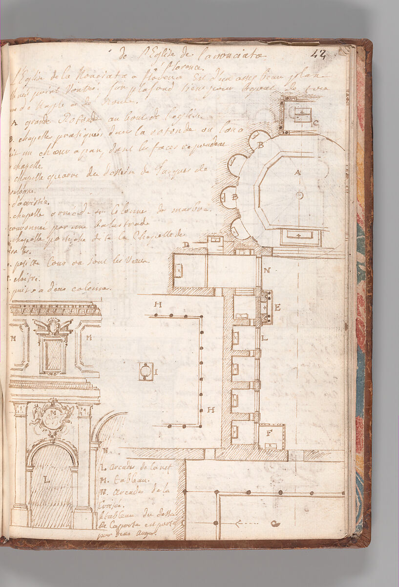 Notebook with Views of the Excavations at Herculaneum and of Other Italian Cities, Jérôme Charles Bellicard (French, Paris 1726–1786 Paris), Notebook of 55 pages on 29 leaves. Last leaf is hinged onto blank leaf. Two leaves are numbered 36 bis and 37 bis (in addition to pages 36, 37). Four leaves are missing between pages 1 and 2; one leaf is missing between pages 7 and 8; two leaves are missing between pages 23 and 24; two leaves are missing between pages 39 and 40; two leaves are missing between pages 51 and 52. Late-eighteenth-century or early-nineteenth-century sprinkled leather binding with marbleized endpapers.