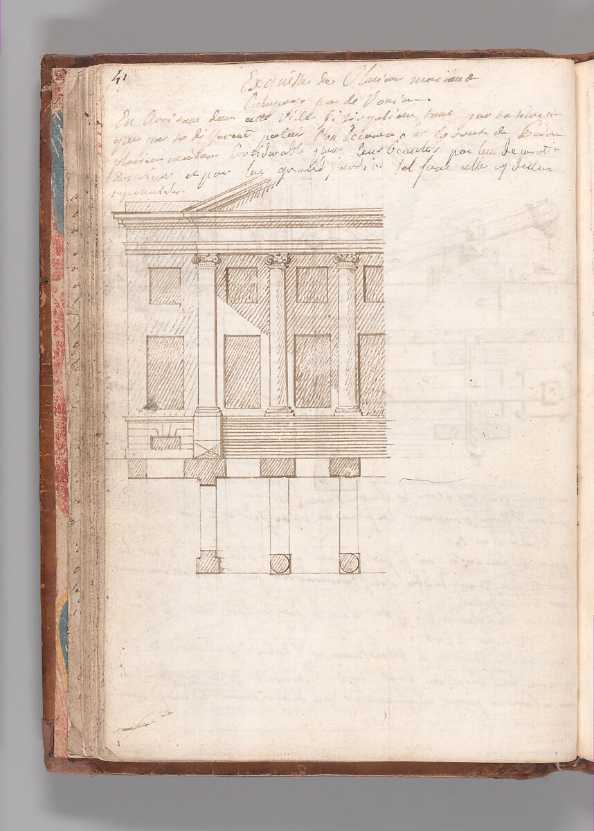 Notebook with Views of the Excavations at Herculaneum and of Other Italian Cities, Jérôme Charles Bellicard (French, Paris 1726–1786 Paris), Notebook of 55 pages on 29 leaves. Last leaf is hinged onto blank leaf. Two leaves are numbered 36 bis and 37 bis (in addition to pages 36, 37). Four leaves are missing between pages 1 and 2; one leaf is missing between pages 7 and 8; two leaves are missing between pages 23 and 24; two leaves are missing between pages 39 and 40; two leaves are missing between pages 51 and 52. Late-eighteenth-century or early-nineteenth-century sprinkled leather binding with marbleized endpapers.