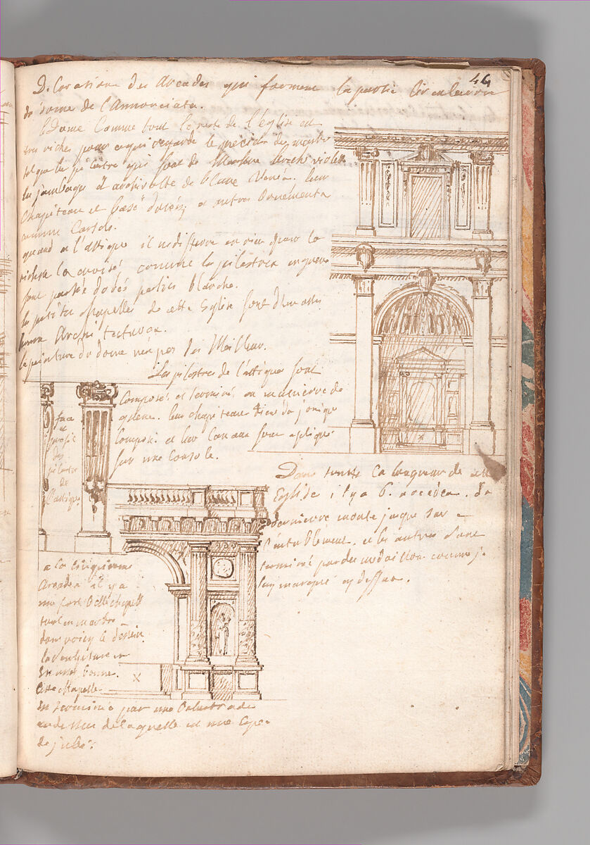 Notebook with Views of the Excavations at Herculaneum and of Other Italian Cities, Jérôme Charles Bellicard (French, Paris 1726–1786 Paris), Notebook of 55 pages on 29 leaves. Last leaf is hinged onto blank leaf. Two leaves are numbered 36 bis and 37 bis (in addition to pages 36, 37). Four leaves are missing between pages 1 and 2; one leaf is missing between pages 7 and 8; two leaves are missing between pages 23 and 24; two leaves are missing between pages 39 and 40; two leaves are missing between pages 51 and 52. Late-eighteenth-century or early-nineteenth-century sprinkled leather binding with marbleized endpapers.