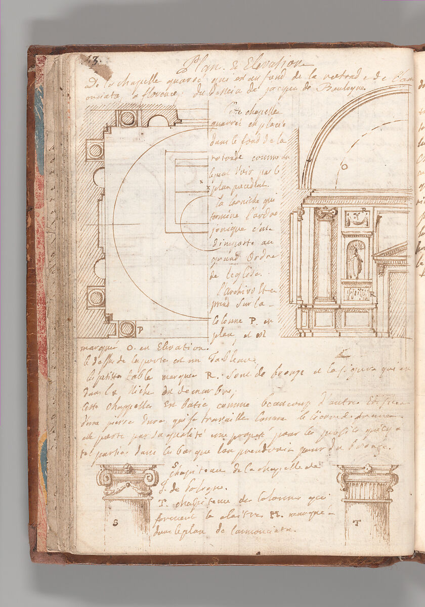 Notebook with Views of the Excavations at Herculaneum and of Other Italian Cities, Jérôme Charles Bellicard (French, Paris 1726–1786 Paris), Notebook of 55 pages on 29 leaves. Last leaf is hinged onto blank leaf. Two leaves are numbered 36 bis and 37 bis (in addition to pages 36, 37). Four leaves are missing between pages 1 and 2; one leaf is missing between pages 7 and 8; two leaves are missing between pages 23 and 24; two leaves are missing between pages 39 and 40; two leaves are missing between pages 51 and 52. Late-eighteenth-century or early-nineteenth-century sprinkled leather binding with marbleized endpapers.