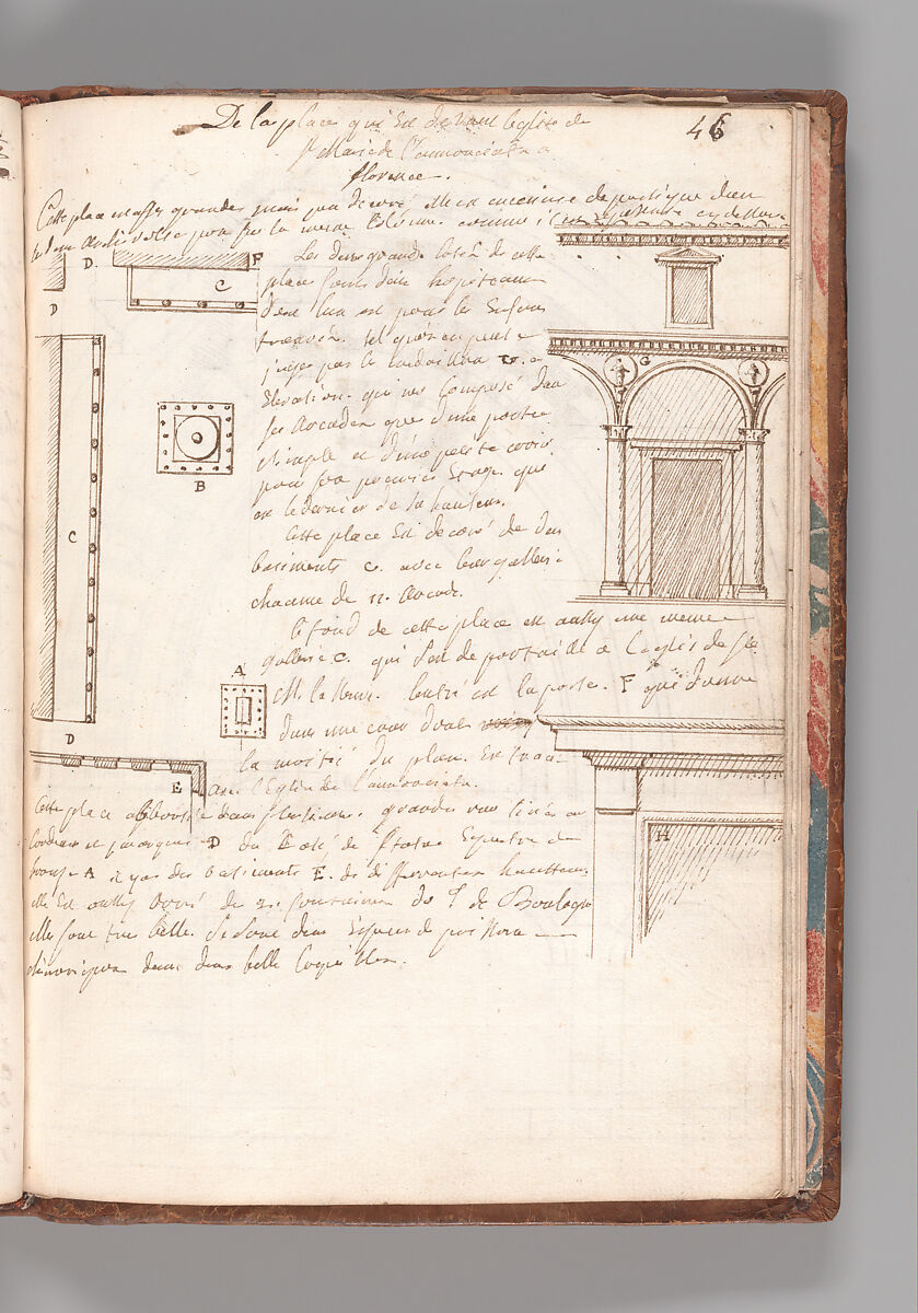 Notebook with Views of the Excavations at Herculaneum and of Other Italian Cities, Jérôme Charles Bellicard (French, Paris 1726–1786 Paris), Notebook of 55 pages on 29 leaves. Last leaf is hinged onto blank leaf. Two leaves are numbered 36 bis and 37 bis (in addition to pages 36, 37). Four leaves are missing between pages 1 and 2; one leaf is missing between pages 7 and 8; two leaves are missing between pages 23 and 24; two leaves are missing between pages 39 and 40; two leaves are missing between pages 51 and 52. Late-eighteenth-century or early-nineteenth-century sprinkled leather binding with marbleized endpapers.