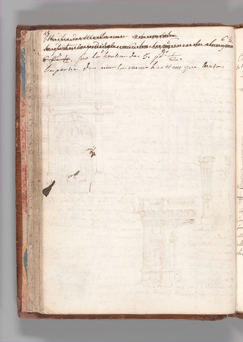 Notebook with Views of the Excavations at Herculaneum and of Other Italian Cities, Jérôme Charles Bellicard (French, Paris 1726–1786 Paris), Notebook of 55 pages on 29 leaves. Last leaf is hinged onto blank leaf. Two leaves are numbered 36 bis and 37 bis (in addition to pages 36, 37). Four leaves are missing between pages 1 and 2; one leaf is missing between pages 7 and 8; two leaves are missing between pages 23 and 24; two leaves are missing between pages 39 and 40; two leaves are missing between pages 51 and 52. Late-eighteenth-century or early-nineteenth-century sprinkled leather binding with marbleized endpapers.