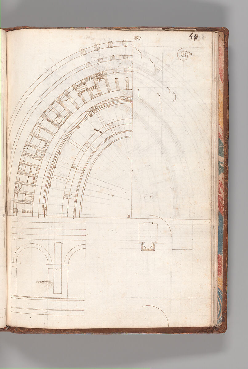 Notebook with Views of the Excavations at Herculaneum and of Other Italian Cities, Jérôme Charles Bellicard (French, Paris 1726–1786 Paris), Notebook of 55 pages on 29 leaves. Last leaf is hinged onto blank leaf. Two leaves are numbered 36 bis and 37 bis (in addition to pages 36, 37). Four leaves are missing between pages 1 and 2; one leaf is missing between pages 7 and 8; two leaves are missing between pages 23 and 24; two leaves are missing between pages 39 and 40; two leaves are missing between pages 51 and 52. Late-eighteenth-century or early-nineteenth-century sprinkled leather binding with marbleized endpapers.