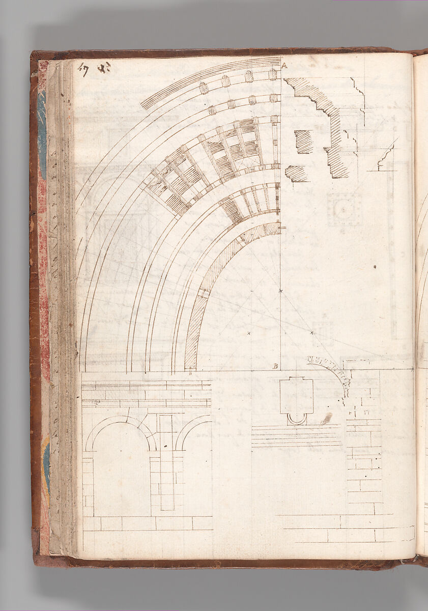 Notebook with Views of the Excavations at Herculaneum and of Other Italian Cities, Jérôme Charles Bellicard (French, Paris 1726–1786 Paris), Notebook of 55 pages on 29 leaves. Last leaf is hinged onto blank leaf. Two leaves are numbered 36 bis and 37 bis (in addition to pages 36, 37). Four leaves are missing between pages 1 and 2; one leaf is missing between pages 7 and 8; two leaves are missing between pages 23 and 24; two leaves are missing between pages 39 and 40; two leaves are missing between pages 51 and 52. Late-eighteenth-century or early-nineteenth-century sprinkled leather binding with marbleized endpapers.