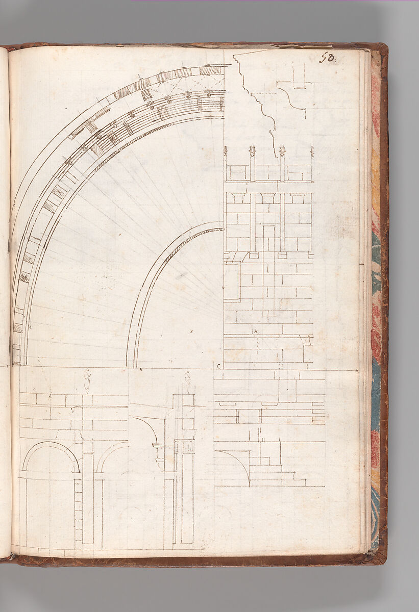 Notebook with Views of the Excavations at Herculaneum and of Other Italian Cities, Jérôme Charles Bellicard (French, Paris 1726–1786 Paris), Notebook of 55 pages on 29 leaves. Last leaf is hinged onto blank leaf. Two leaves are numbered 36 bis and 37 bis (in addition to pages 36, 37). Four leaves are missing between pages 1 and 2; one leaf is missing between pages 7 and 8; two leaves are missing between pages 23 and 24; two leaves are missing between pages 39 and 40; two leaves are missing between pages 51 and 52. Late-eighteenth-century or early-nineteenth-century sprinkled leather binding with marbleized endpapers.