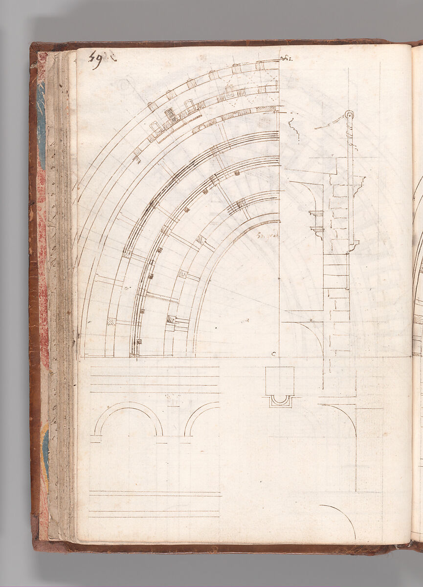 Notebook with Views of the Excavations at Herculaneum and of Other Italian Cities, Jérôme Charles Bellicard (French, Paris 1726–1786 Paris), Notebook of 55 pages on 29 leaves. Last leaf is hinged onto blank leaf. Two leaves are numbered 36 bis and 37 bis (in addition to pages 36, 37). Four leaves are missing between pages 1 and 2; one leaf is missing between pages 7 and 8; two leaves are missing between pages 23 and 24; two leaves are missing between pages 39 and 40; two leaves are missing between pages 51 and 52. Late-eighteenth-century or early-nineteenth-century sprinkled leather binding with marbleized endpapers.
