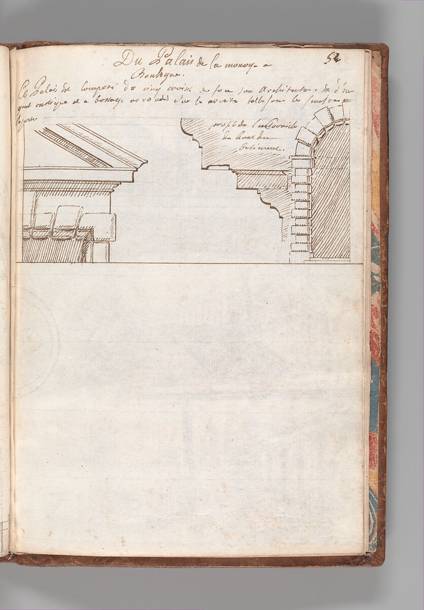 Notebook with Views of the Excavations at Herculaneum and of Other Italian Cities, Jérôme Charles Bellicard (French, Paris 1726–1786 Paris), Notebook of 55 pages on 29 leaves. Last leaf is hinged onto blank leaf. Two leaves are numbered 36 bis and 37 bis (in addition to pages 36, 37). Four leaves are missing between pages 1 and 2; one leaf is missing between pages 7 and 8; two leaves are missing between pages 23 and 24; two leaves are missing between pages 39 and 40; two leaves are missing between pages 51 and 52. Late-eighteenth-century or early-nineteenth-century sprinkled leather binding with marbleized endpapers.