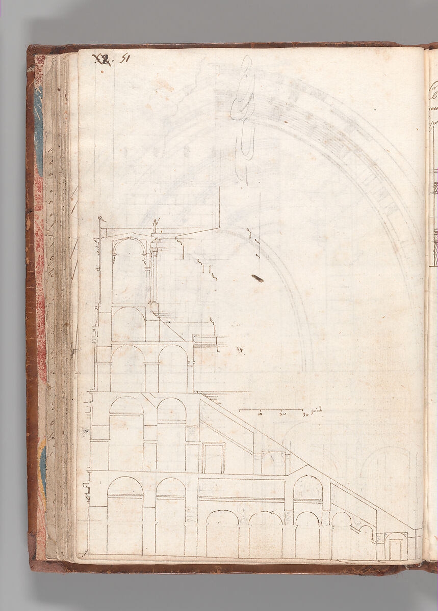 Notebook with Views of the Excavations at Herculaneum and of Other Italian Cities, Jérôme Charles Bellicard (French, Paris 1726–1786 Paris), Notebook of 55 pages on 29 leaves. Last leaf is hinged onto blank leaf. Two leaves are numbered 36 bis and 37 bis (in addition to pages 36, 37). Four leaves are missing between pages 1 and 2; one leaf is missing between pages 7 and 8; two leaves are missing between pages 23 and 24; two leaves are missing between pages 39 and 40; two leaves are missing between pages 51 and 52. Late-eighteenth-century or early-nineteenth-century sprinkled leather binding with marbleized endpapers.