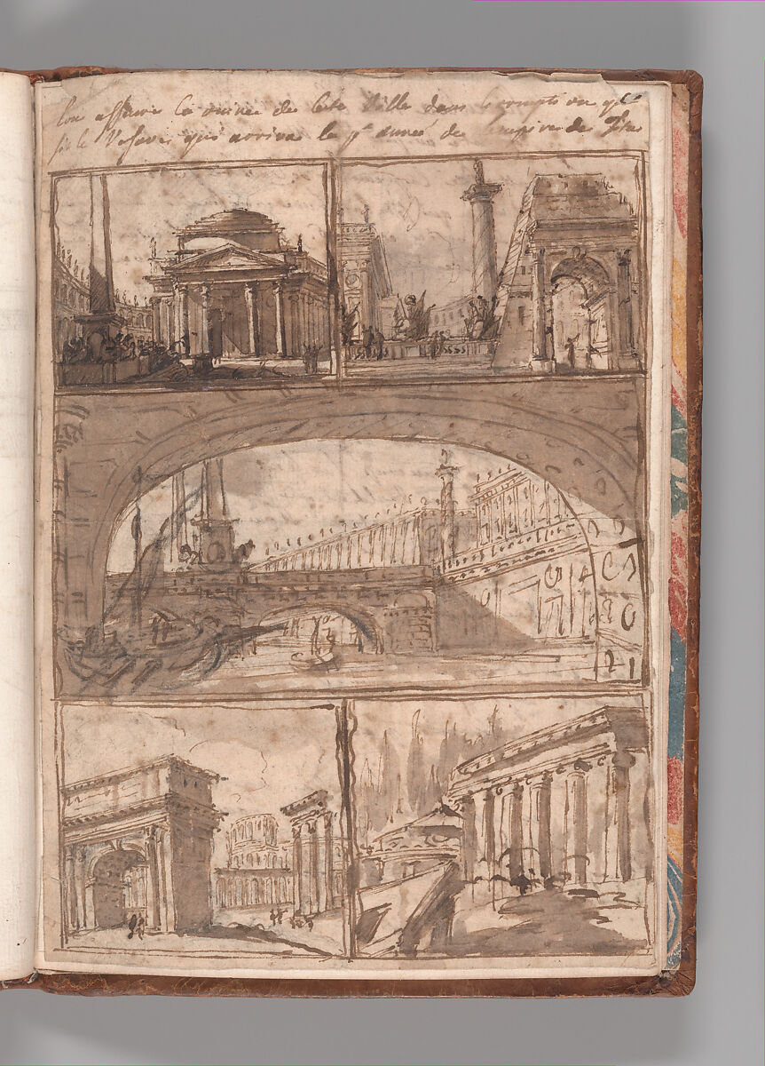 Notebook with Views of the Excavations at Herculaneum and of Other Italian Cities, Jérôme Charles Bellicard (French, Paris 1726–1786 Paris), Notebook of 55 pages on 29 leaves. Last leaf is hinged onto blank leaf. Two leaves are numbered 36 bis and 37 bis (in addition to pages 36, 37). Four leaves are missing between pages 1 and 2; one leaf is missing between pages 7 and 8; two leaves are missing between pages 23 and 24; two leaves are missing between pages 39 and 40; two leaves are missing between pages 51 and 52. Late-eighteenth-century or early-nineteenth-century sprinkled leather binding with marbleized endpapers.