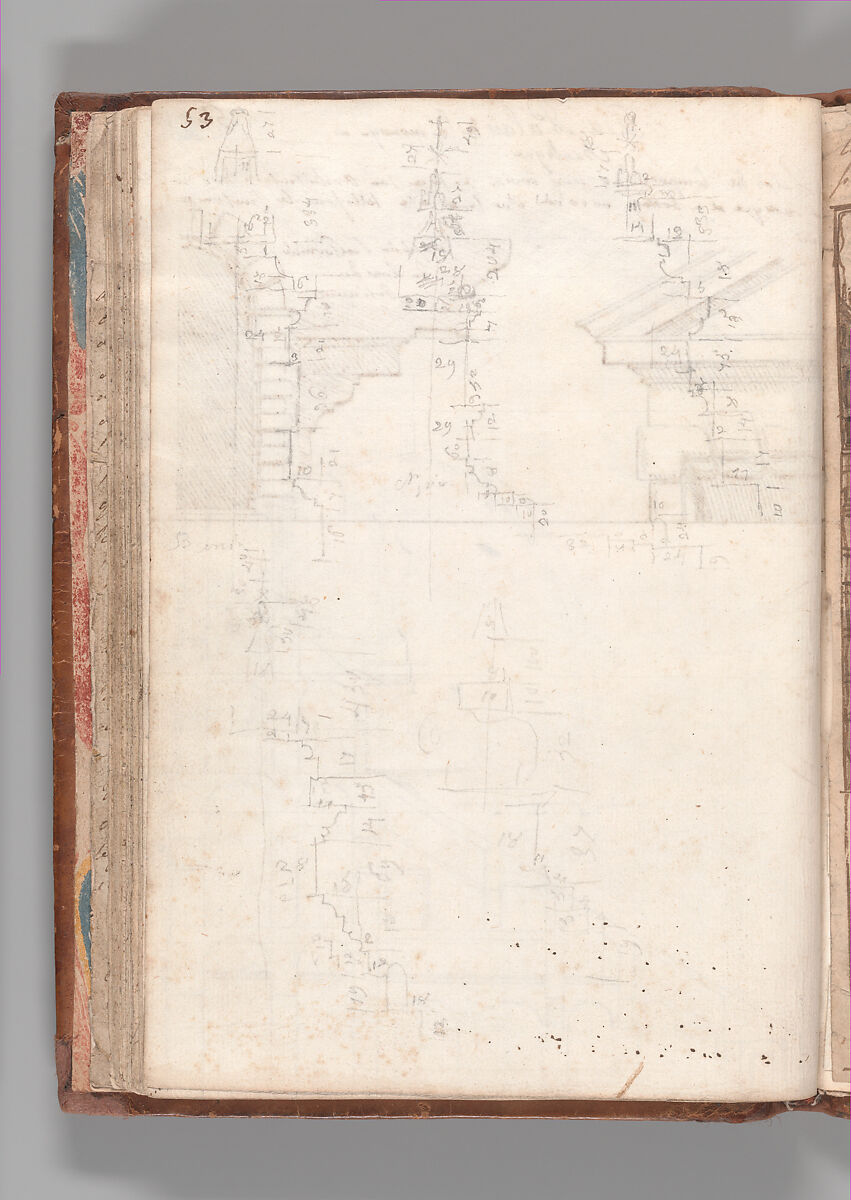 Notebook with Views of the Excavations at Herculaneum and of Other Italian Cities, Jérôme Charles Bellicard (French, Paris 1726–1786 Paris), Notebook of 55 pages on 29 leaves. Last leaf is hinged onto blank leaf. Two leaves are numbered 36 bis and 37 bis (in addition to pages 36, 37). Four leaves are missing between pages 1 and 2; one leaf is missing between pages 7 and 8; two leaves are missing between pages 23 and 24; two leaves are missing between pages 39 and 40; two leaves are missing between pages 51 and 52. Late-eighteenth-century or early-nineteenth-century sprinkled leather binding with marbleized endpapers.
