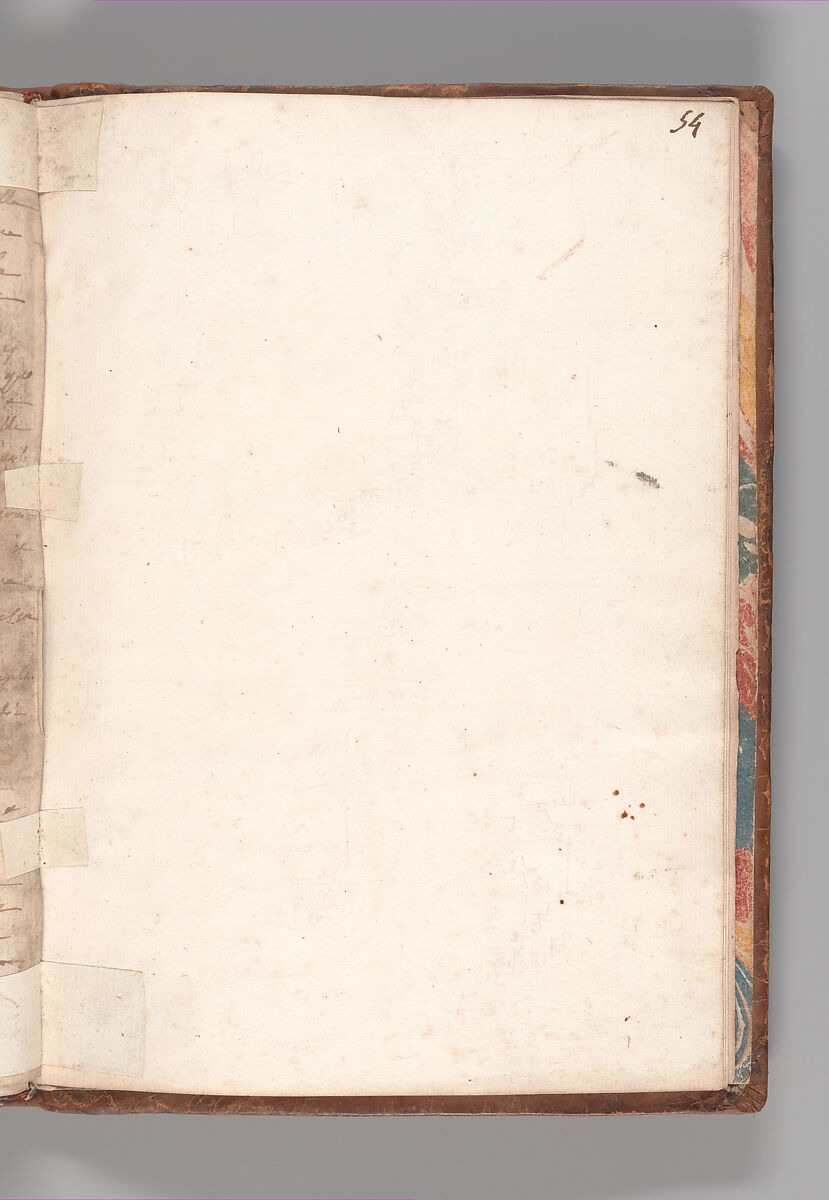 Notebook with Views of the Excavations at Herculaneum and of Other Italian Cities, Jérôme Charles Bellicard (French, Paris 1726–1786 Paris), Notebook of 55 pages on 29 leaves. Last leaf is hinged onto blank leaf. Two leaves are numbered 36 bis and 37 bis (in addition to pages 36, 37). Four leaves are missing between pages 1 and 2; one leaf is missing between pages 7 and 8; two leaves are missing between pages 23 and 24; two leaves are missing between pages 39 and 40; two leaves are missing between pages 51 and 52. Late-eighteenth-century or early-nineteenth-century sprinkled leather binding with marbleized endpapers.