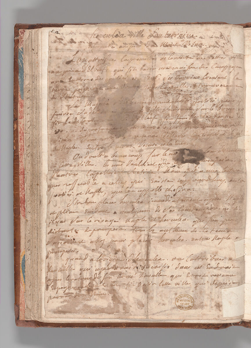 Notebook with Views of the Excavations at Herculaneum and of Other Italian Cities, Jérôme Charles Bellicard (French, Paris 1726–1786 Paris), Notebook of 55 pages on 29 leaves. Last leaf is hinged onto blank leaf. Two leaves are numbered 36 bis and 37 bis (in addition to pages 36, 37). Four leaves are missing between pages 1 and 2; one leaf is missing between pages 7 and 8; two leaves are missing between pages 23 and 24; two leaves are missing between pages 39 and 40; two leaves are missing between pages 51 and 52. Late-eighteenth-century or early-nineteenth-century sprinkled leather binding with marbleized endpapers.