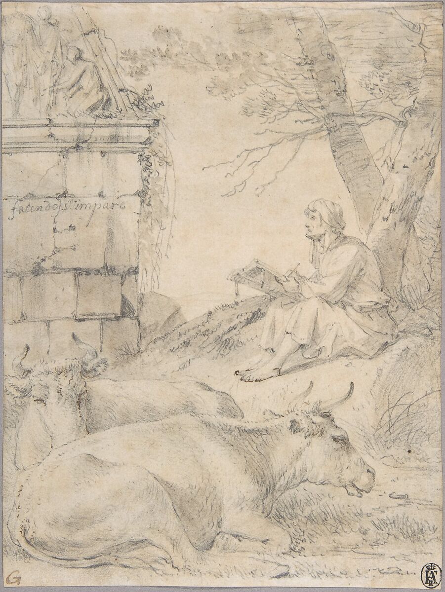 Artist Drawing in an Italianate Landscape, Jan van Ossenbeeck (Dutch, ca. 1624–1674), Graphite, pen and brown ink, brown washes 