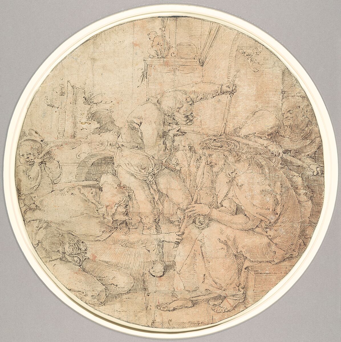 The Crowning with Thorns, Circle of Lucas van Leyden (Netherlandish, Leiden ca. 1494–1533 Leiden), Pen and brown ink, on paper washed pink
