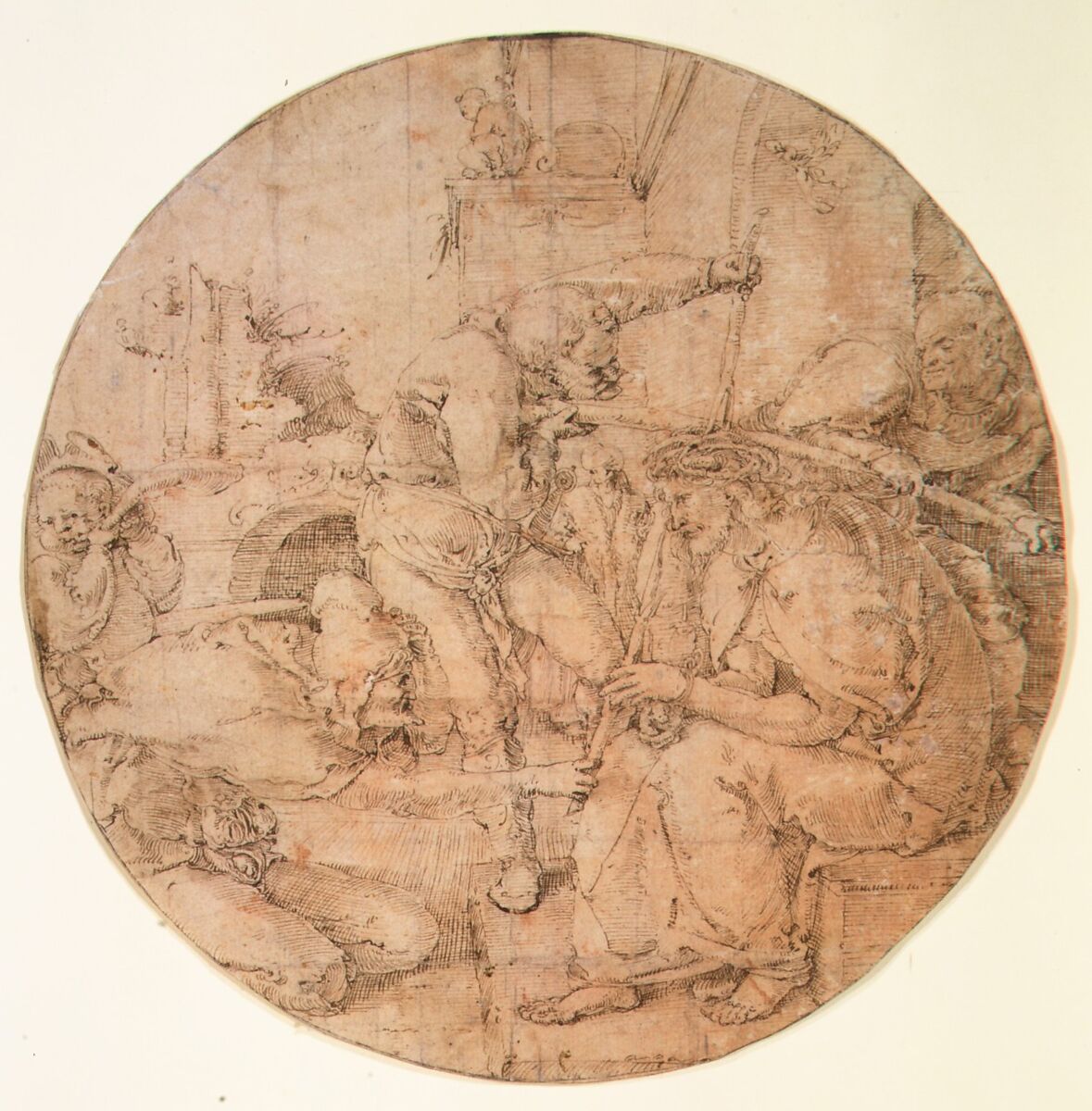 The Crowning with Thorns, Circle of Lucas van Leyden (Netherlandish, Leiden ca. 1494–1533 Leiden), Pen and brown ink, on paper washed pink
