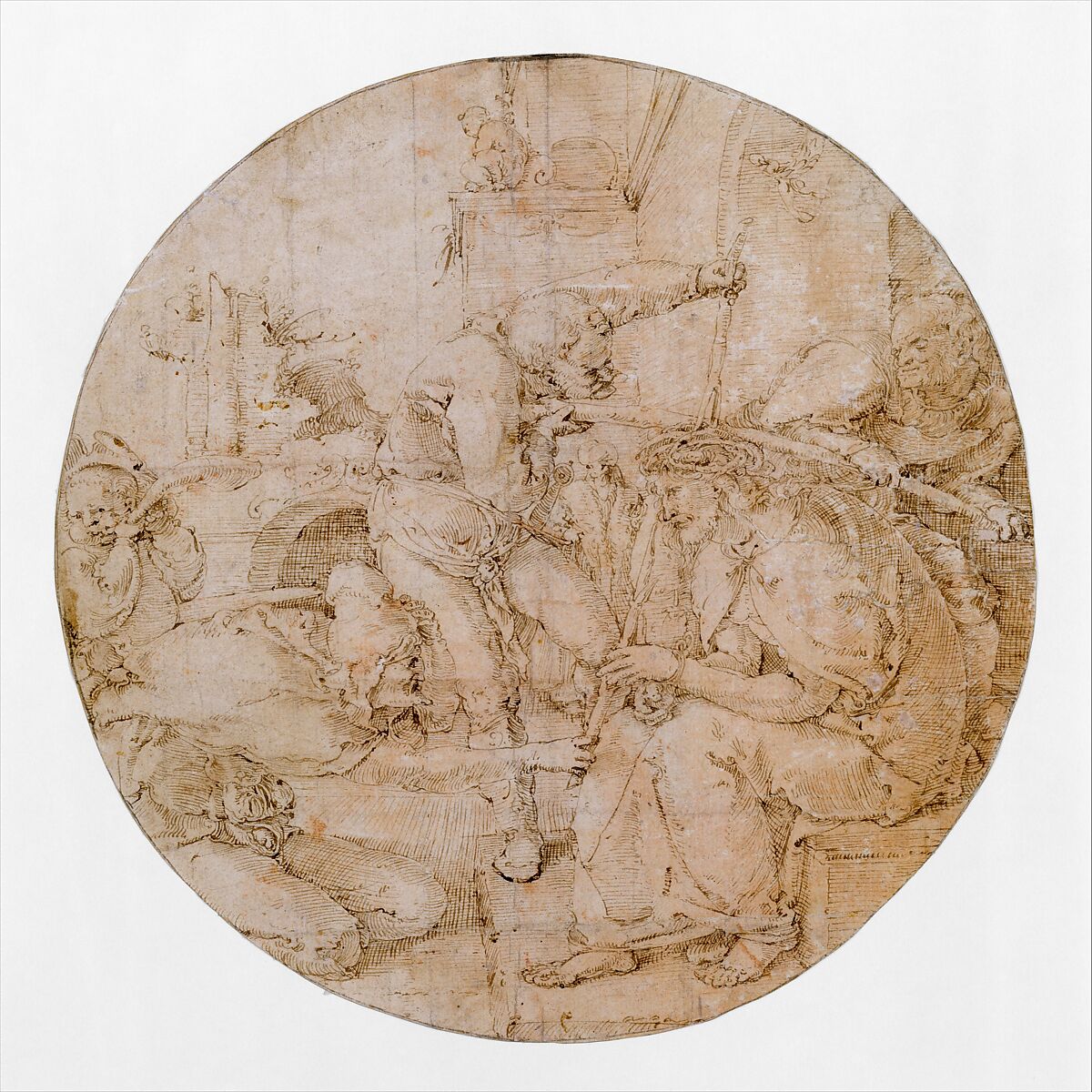 The Crowning with Thorns, Circle of Lucas van Leyden (Netherlandish, Leiden ca. 1494–1533 Leiden), Pen and brown ink, on paper washed pink