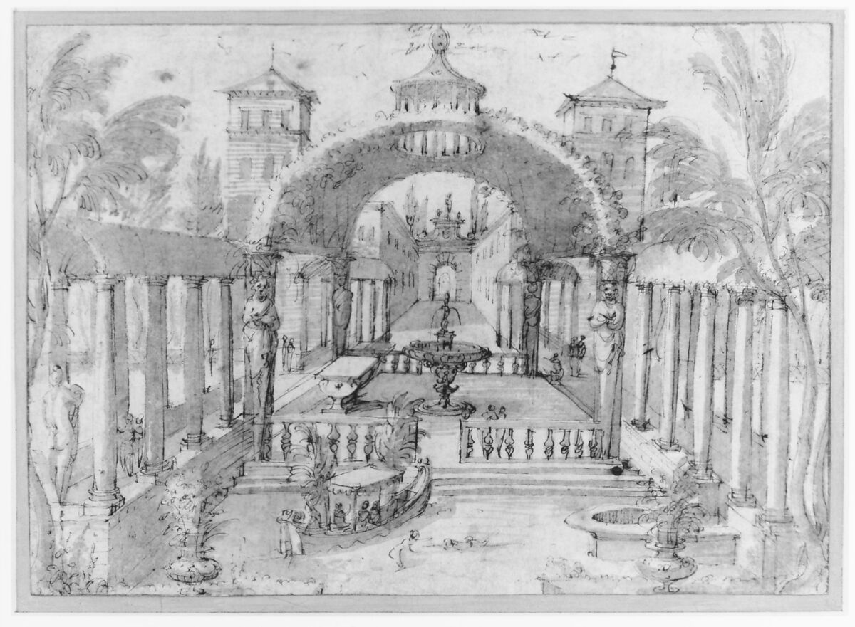 View of the Gardens of a Palace, Lodewijk Toeput (called Pozzoserrato) (Netherlandish, Malines ca. 1550–1603 Treviso), Pen and brown ink, brush and brown wash, traces of black chalk