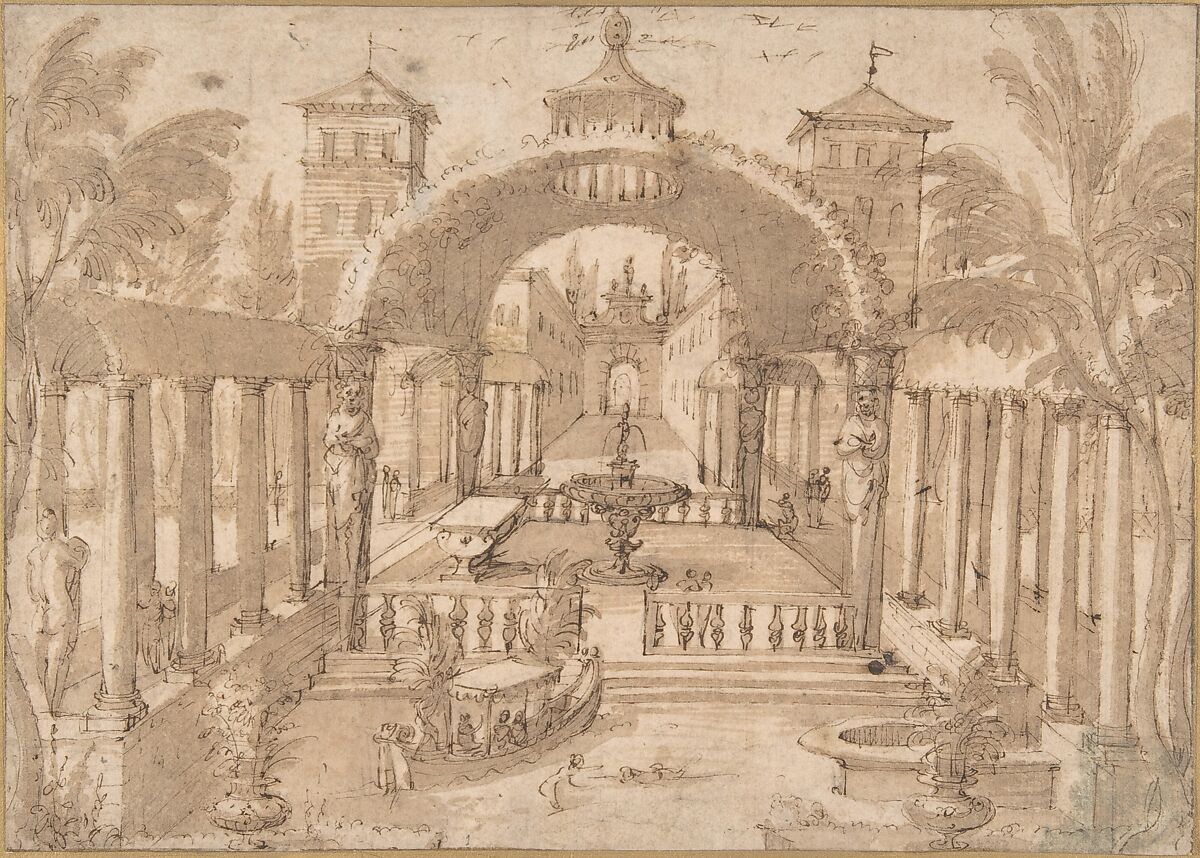 View of the Gardens of a Palace, Lodewijk Toeput (called Pozzoserrato) (Netherlandish, Malines ca. 1550–1603 Treviso), Pen and brown ink, brush and brown wash, traces of black chalk 