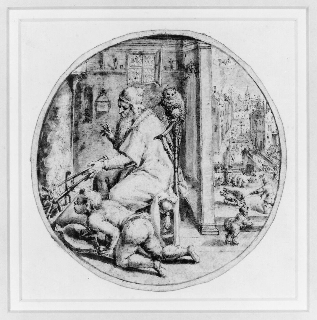 December: And Old Man Seated by a Hearth with a Young Man Blowing on the Fire, Crispijn de Passe the Elder (Netherlandish, Arnemuiden 1564–1637 Utrecht), Pen and brown ink, brush and brown and gray wash, over traces of black chalk; framing lines in pen and brown ink