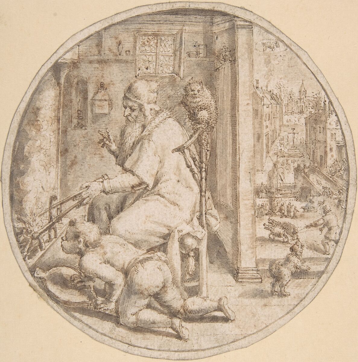 December: And Old Man Seated by a Hearth with a Young Man Blowing on the Fire, Crispijn de Passe the Elder (Netherlandish, Arnemuiden 1564–1637 Utrecht), Pen and brown ink and brown and gray wash over traces of black chalk. Framing line in pen and brown ink 
