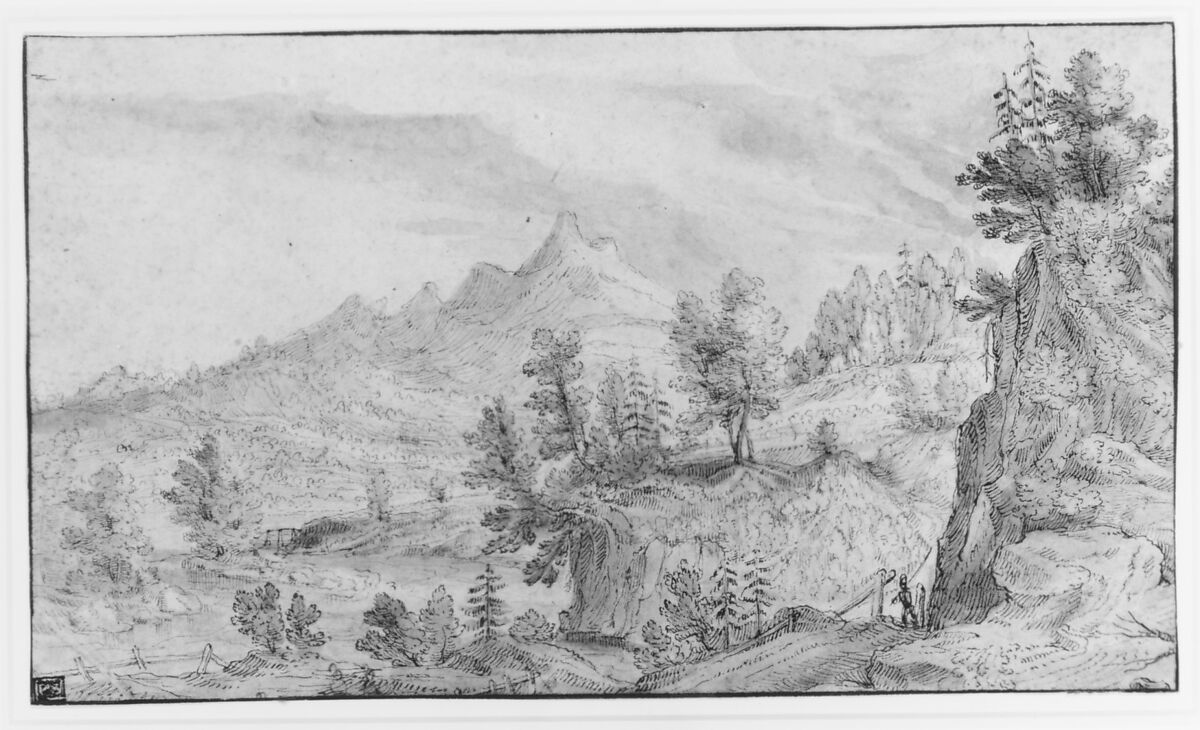 The Salzach Valley with a View of the Watzmann Massif in the Background, Frederik van Valkenborch (Netherlandish, Antwerp 1566–1623 Nuremberg), Pen and gray ink, brush and brown wash and blue watercolor; framing lines in pen and brown ink