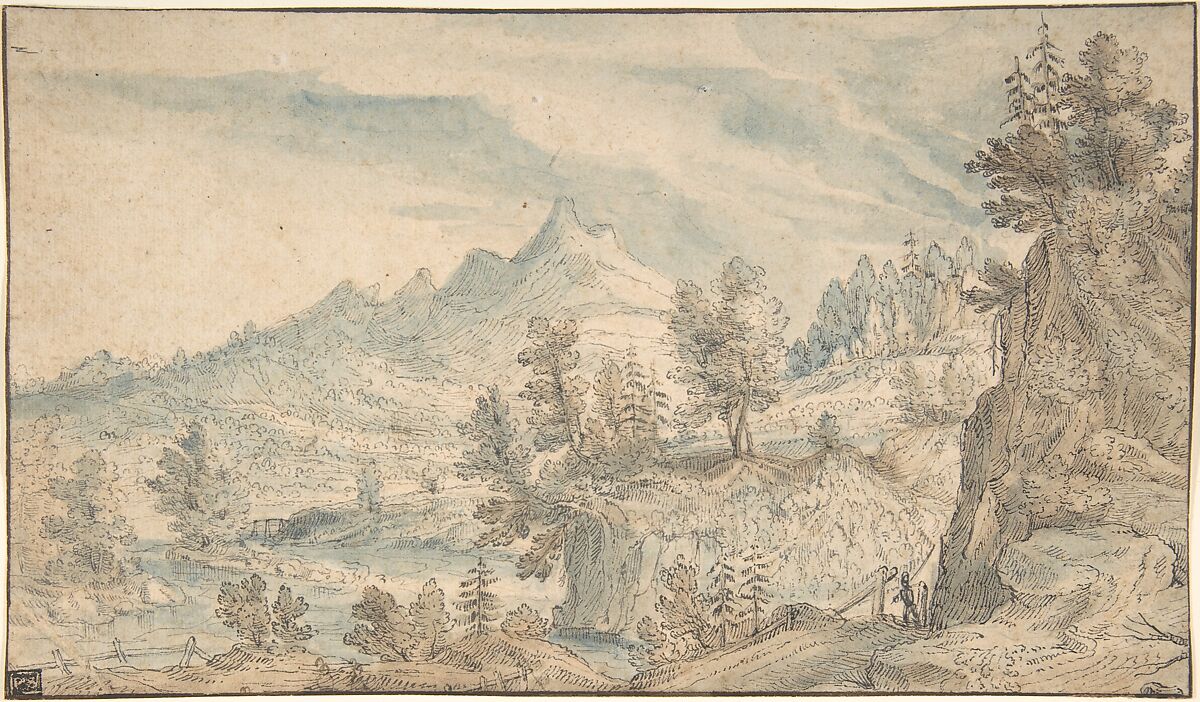 The Salzach Valley with a View of the Watzmann Massif in the Background, Frederik van Valkenborch (Netherlandish, Antwerp 1566–1623 Nuremberg), Pen and gray ink, brush and brown wash and blue watercolor; framing lines in pen and brown ink 