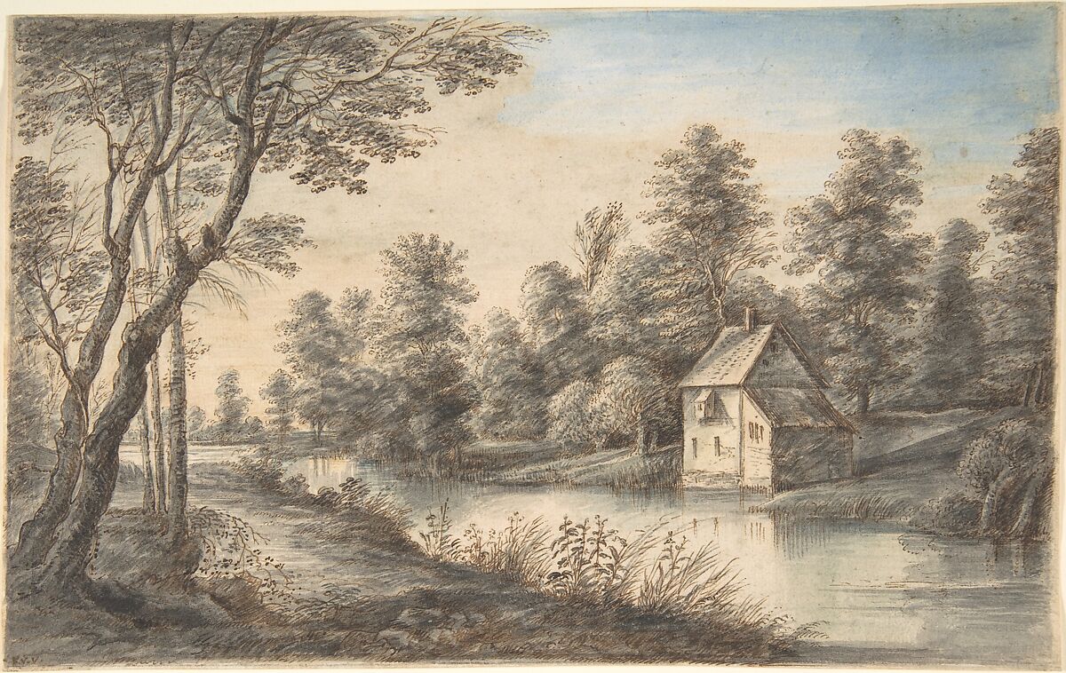 Wooded Landscape with a House beside a River, Lucas van Uden (Flemish, Antwerp 1595–1673 Antwerp), Pen and brown ink, brown, blue, and gray wash 