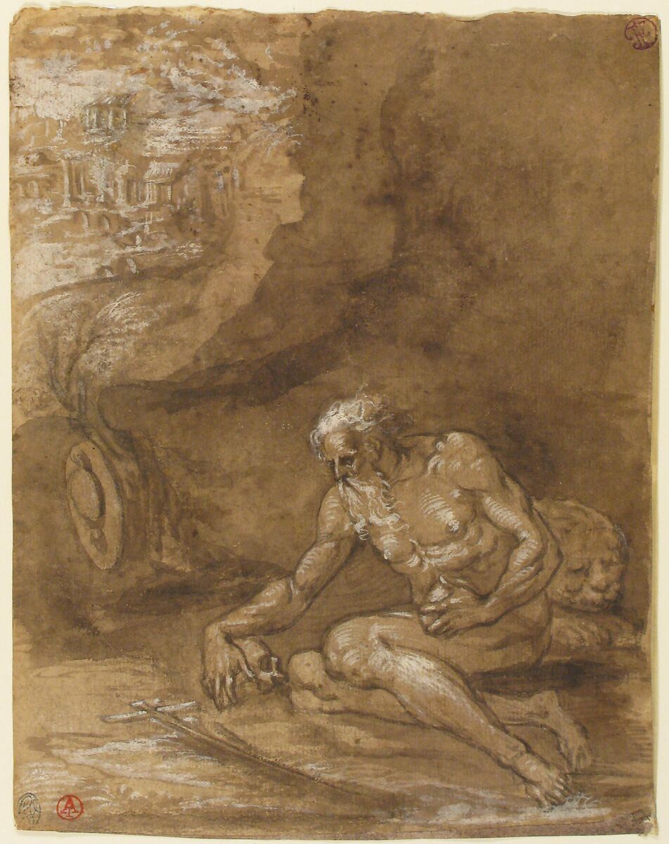 Saint Jerome Praying in a Landscape, Attributed to Niccolò dell' Abate (Italian, Modena 1509–1571 Fontainebleau (?)), Pen and brown ink, brush and brown wash, highlighted with white gouache