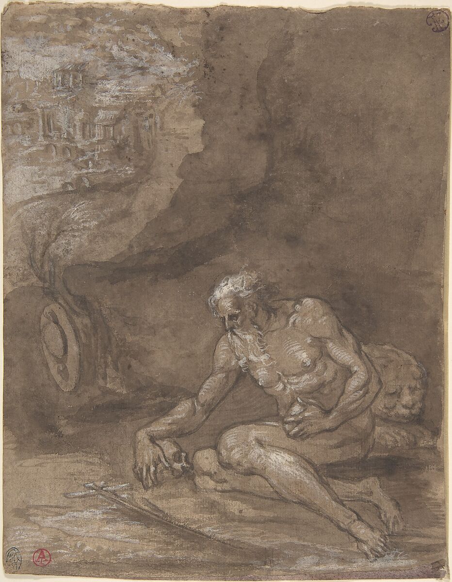 Saint Jerome Praying in a Landscape., Attributed to Niccolò dell&#39; Abate (Italian, Modena 1509–1571 Fontainebleau (?)), Pen and brown ink, brush and brown wash, highlighted with white gouache, on paper tinted with a light brown wash 